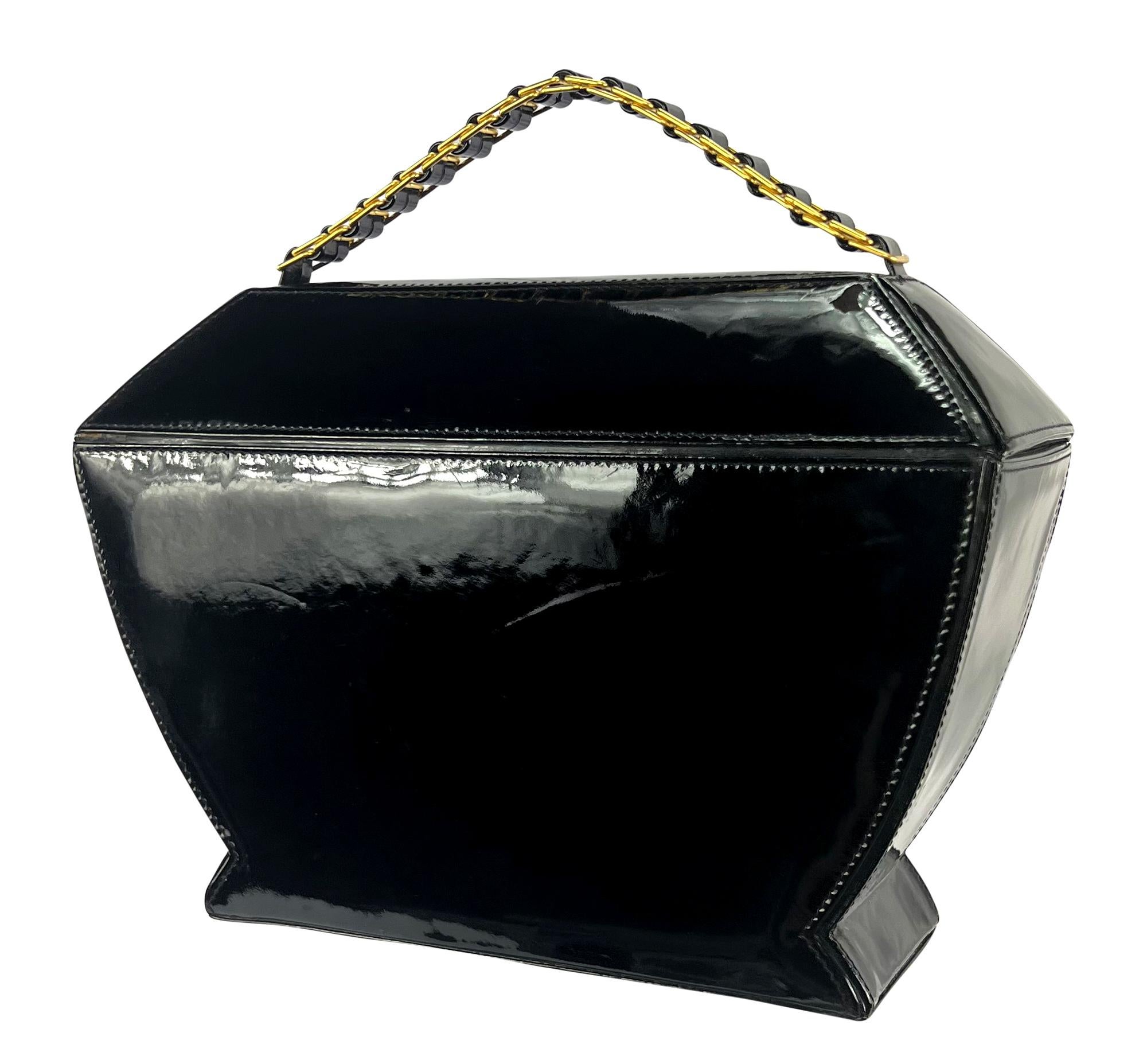 Women's 1990s Donna Karan Black Patent Leather Urn Shaped Structured Bag For Sale