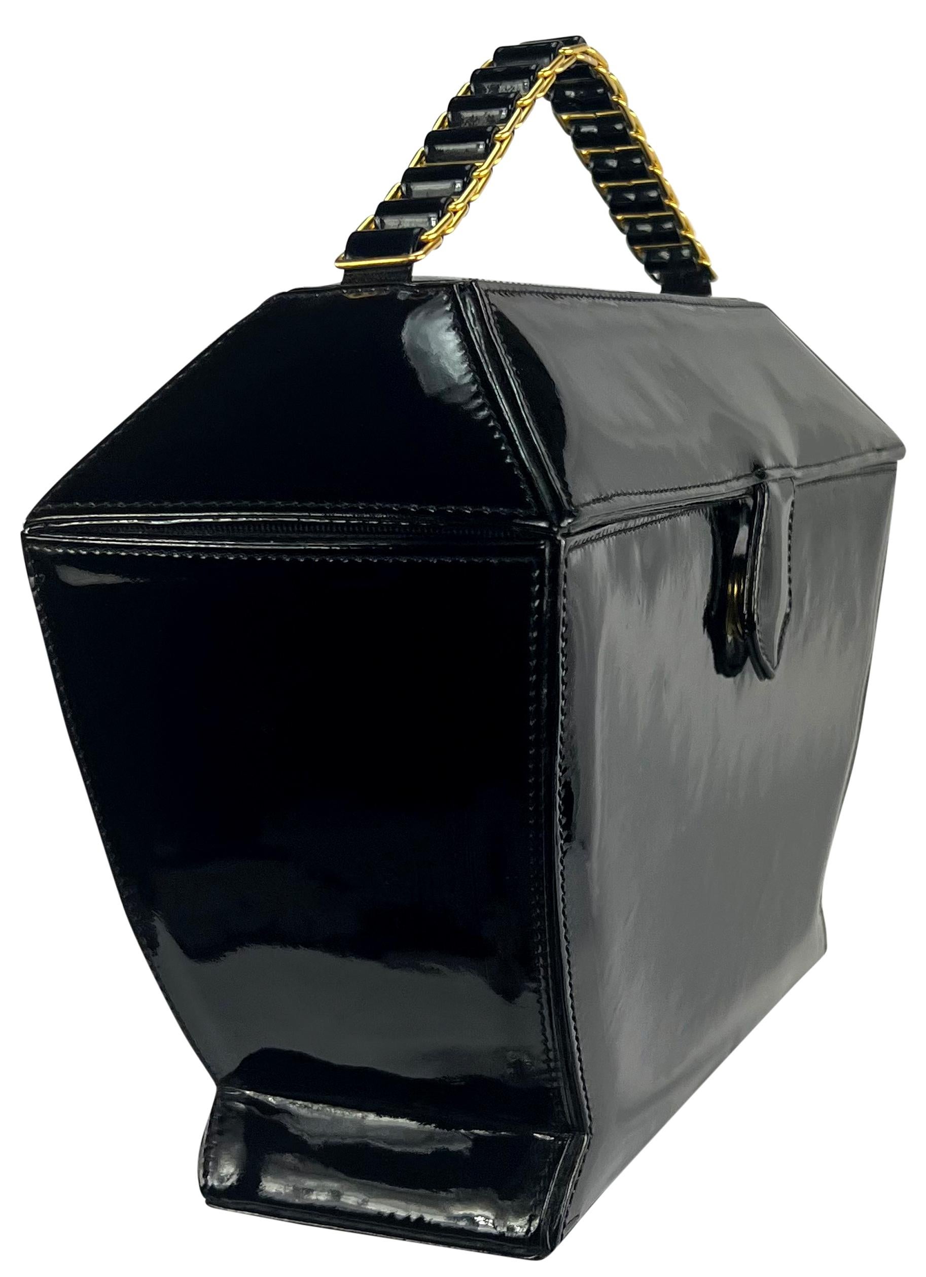 1990s Donna Karan Black Patent Leather Urn Shaped Structured Bag For Sale 2