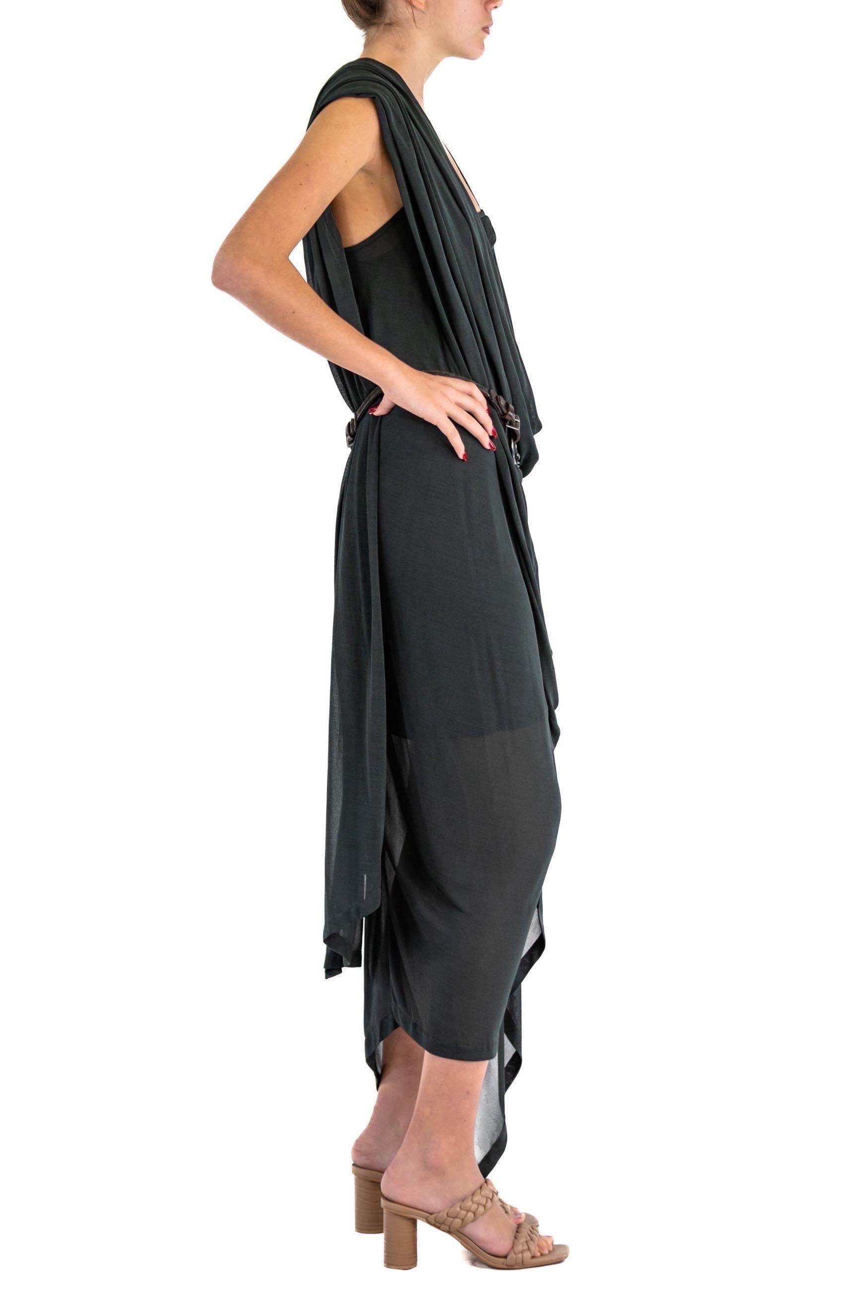 Fabric has stretch 1990S DONNA KARAN Black Rayon Blend Layered Dress With Equestrian Belt 