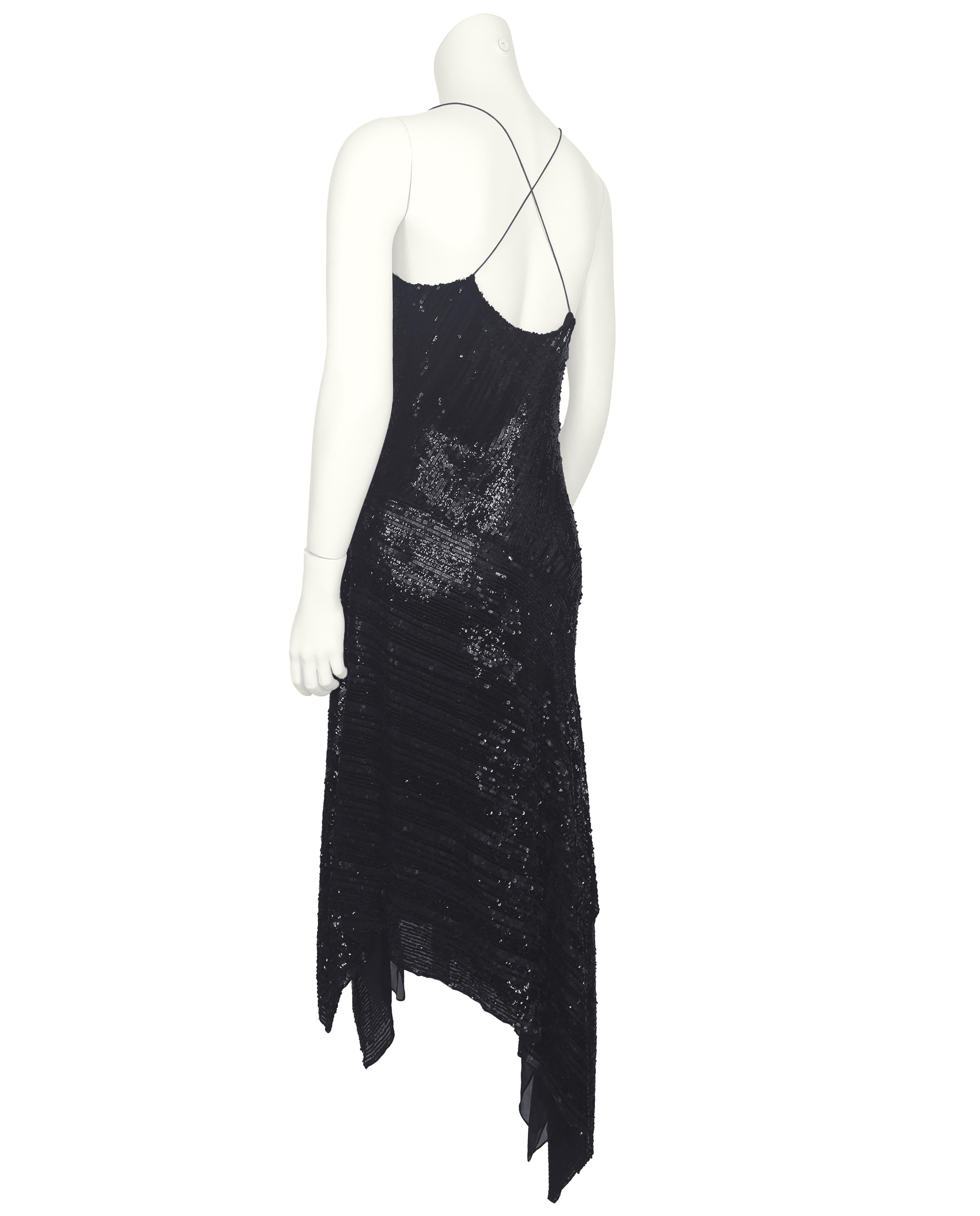 Noir 1990 Donna Karan Black Sequin Hanky Hem Cocktail Dress en vente