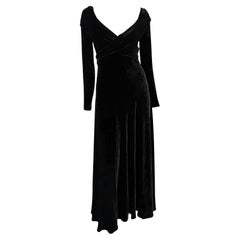 1990s Donna Karan Black Velvet Bodycon Stretch Plunging Bodysuit Evening Gown