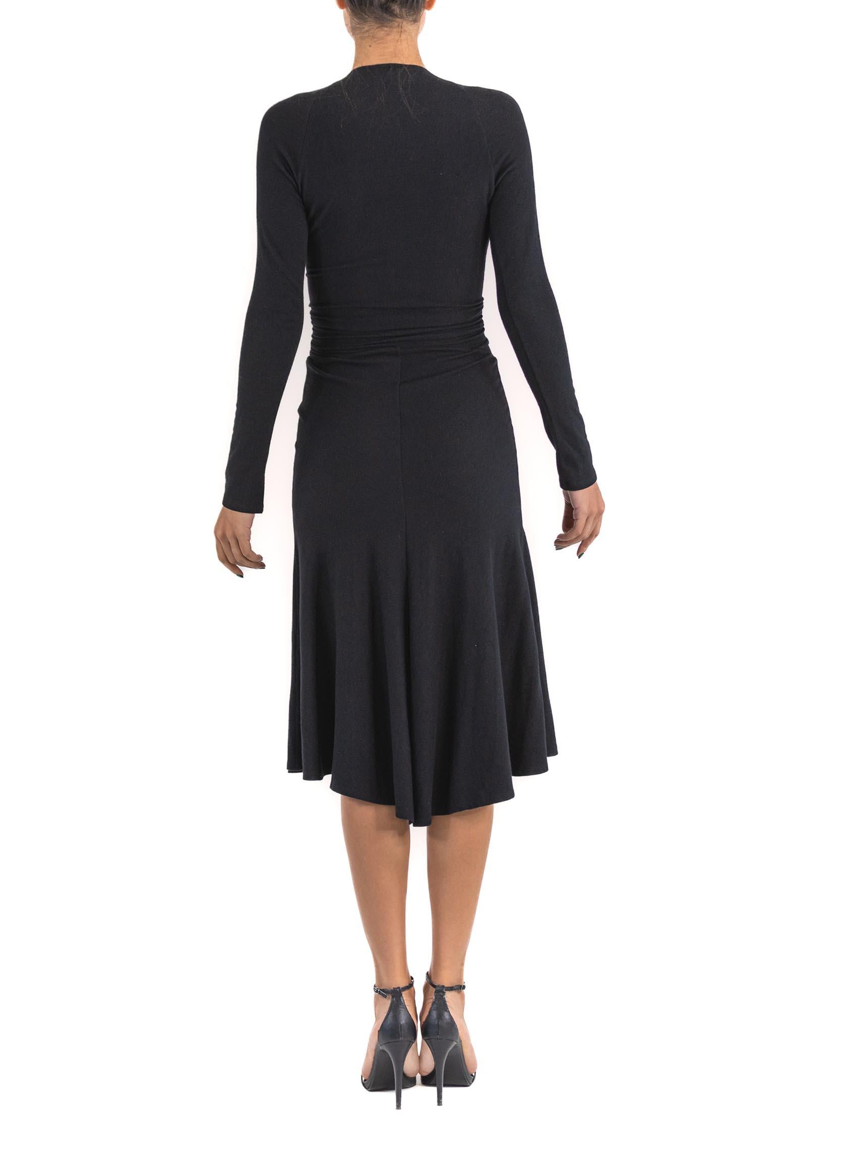 Women's 1990S DONNA KARAN Black Wool Jersey Deeep V Neckline Tie Front Dress With Sleev For Sale