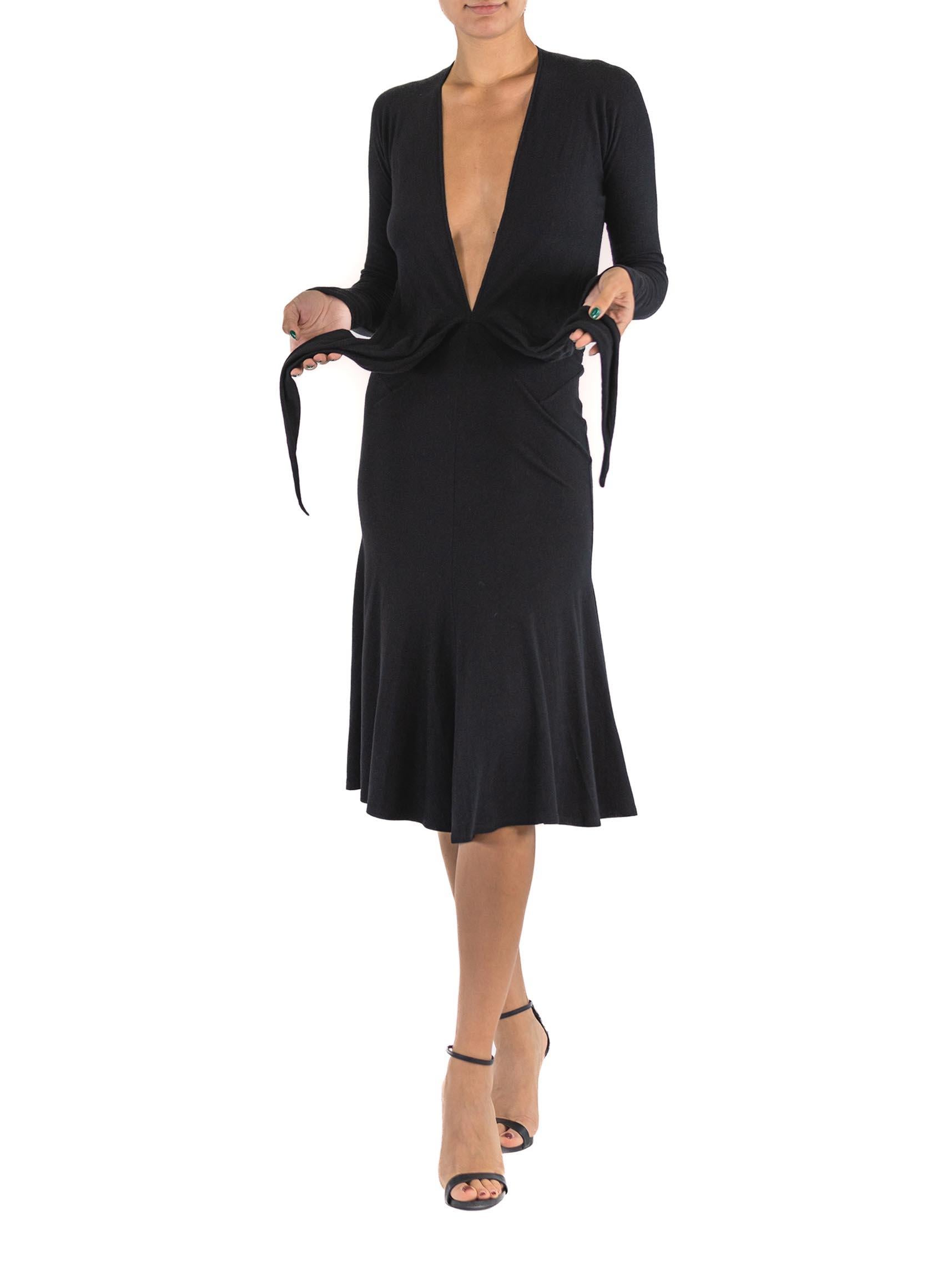 1990S DONNA KARAN Black Wool Jersey Deeep V Neckline Tie Front Dress With Sleev For Sale 2
