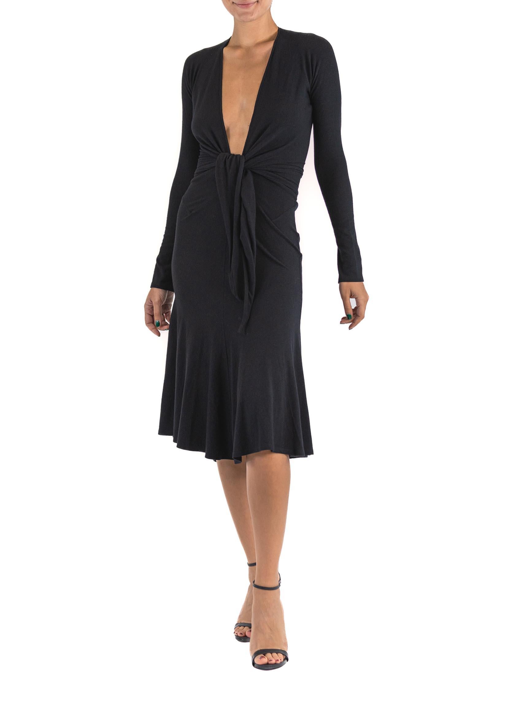 1990S DONNA KARAN Black Wool Jersey Deeep V Neckline Tie Front Dress With Sleev For Sale 3
