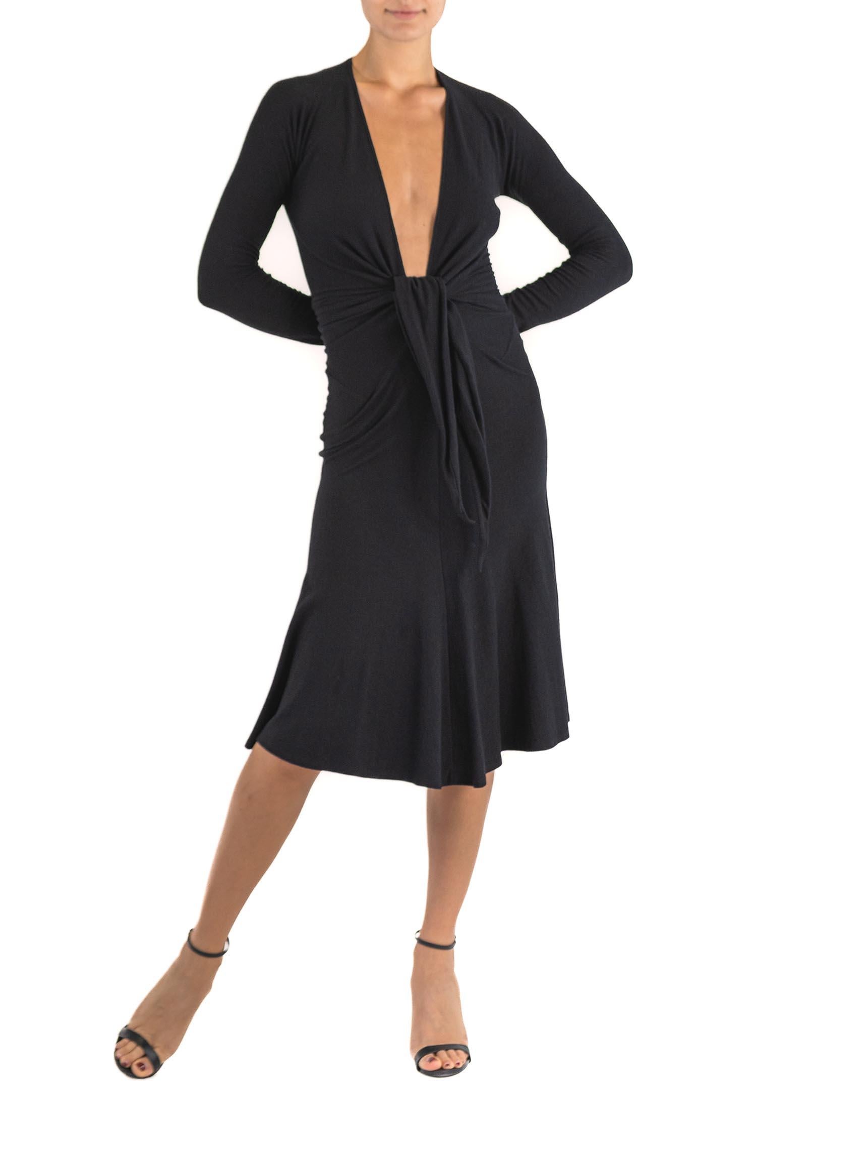 1990S DONNA KARAN Black Wool Jersey Deeep V Neckline Tie Front Dress With Sleev For Sale 4