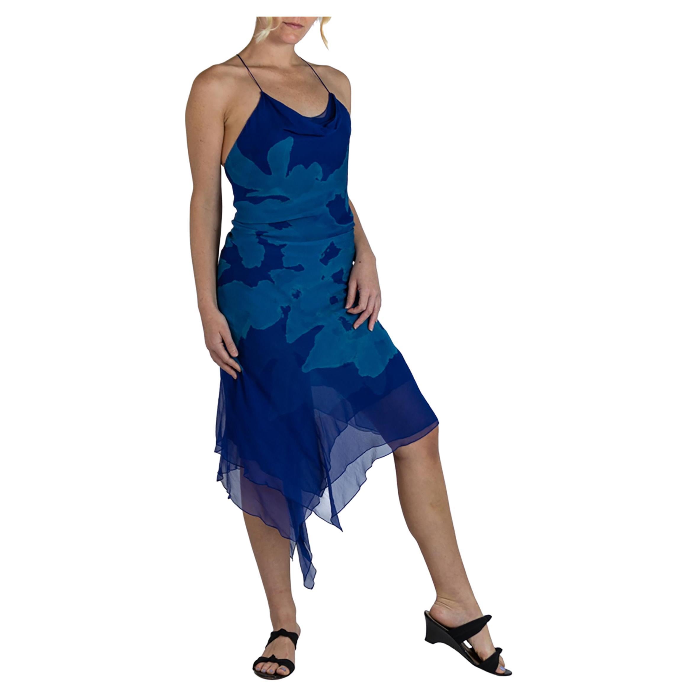 1990S DONNA KARAN Blue Bias Cut Silk Mousseline Chiffon Cocktail Dress In Excellent Condition For Sale In New York, NY