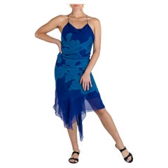 1990S DONNA KARAN Blue Bias Cut Silk Mousseline Chiffon Cocktail Dress