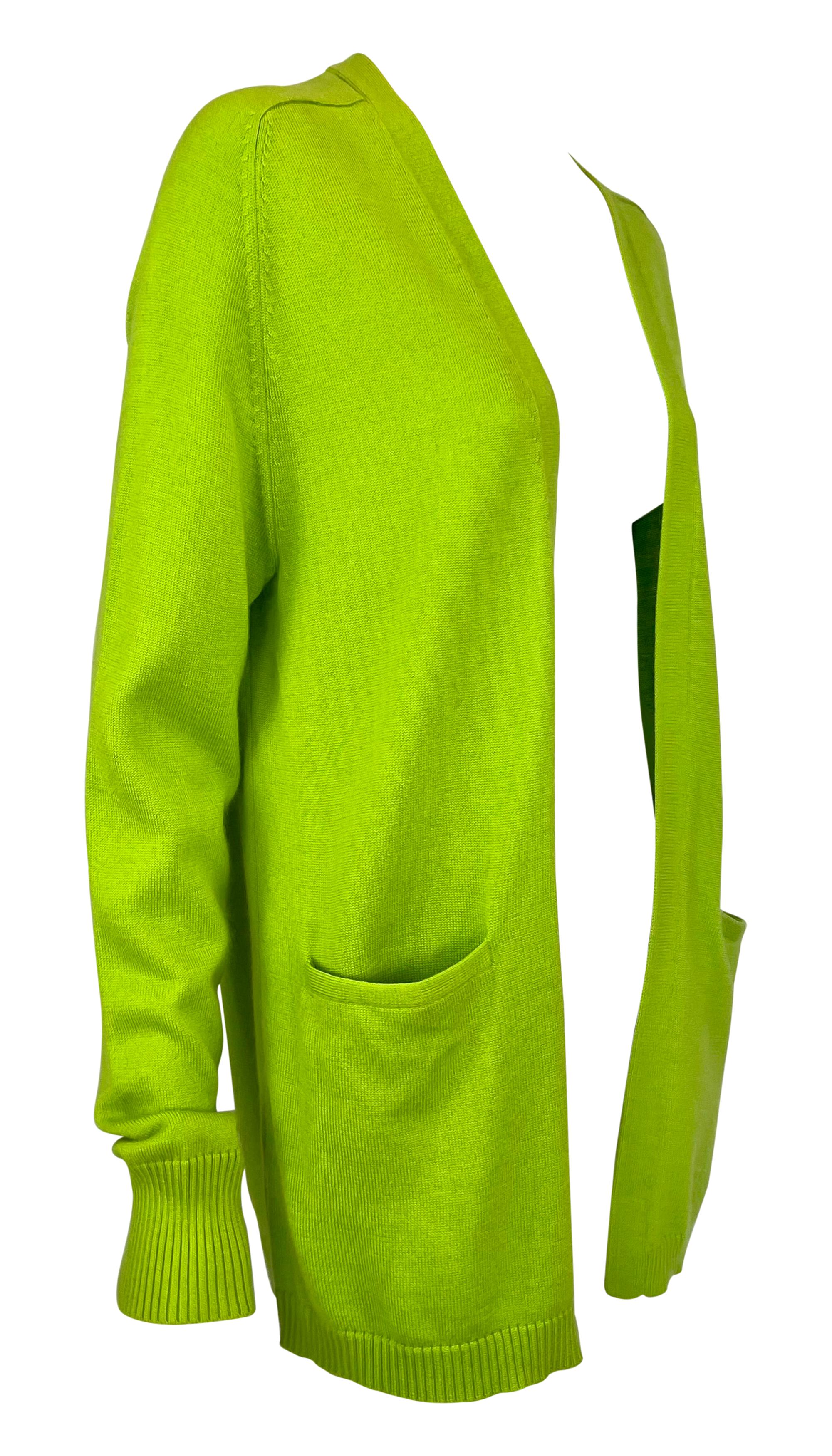 1990s Donna Karan Bright Lime Green Silk Cashmere Open Cardigan Sweater Top For Sale 2