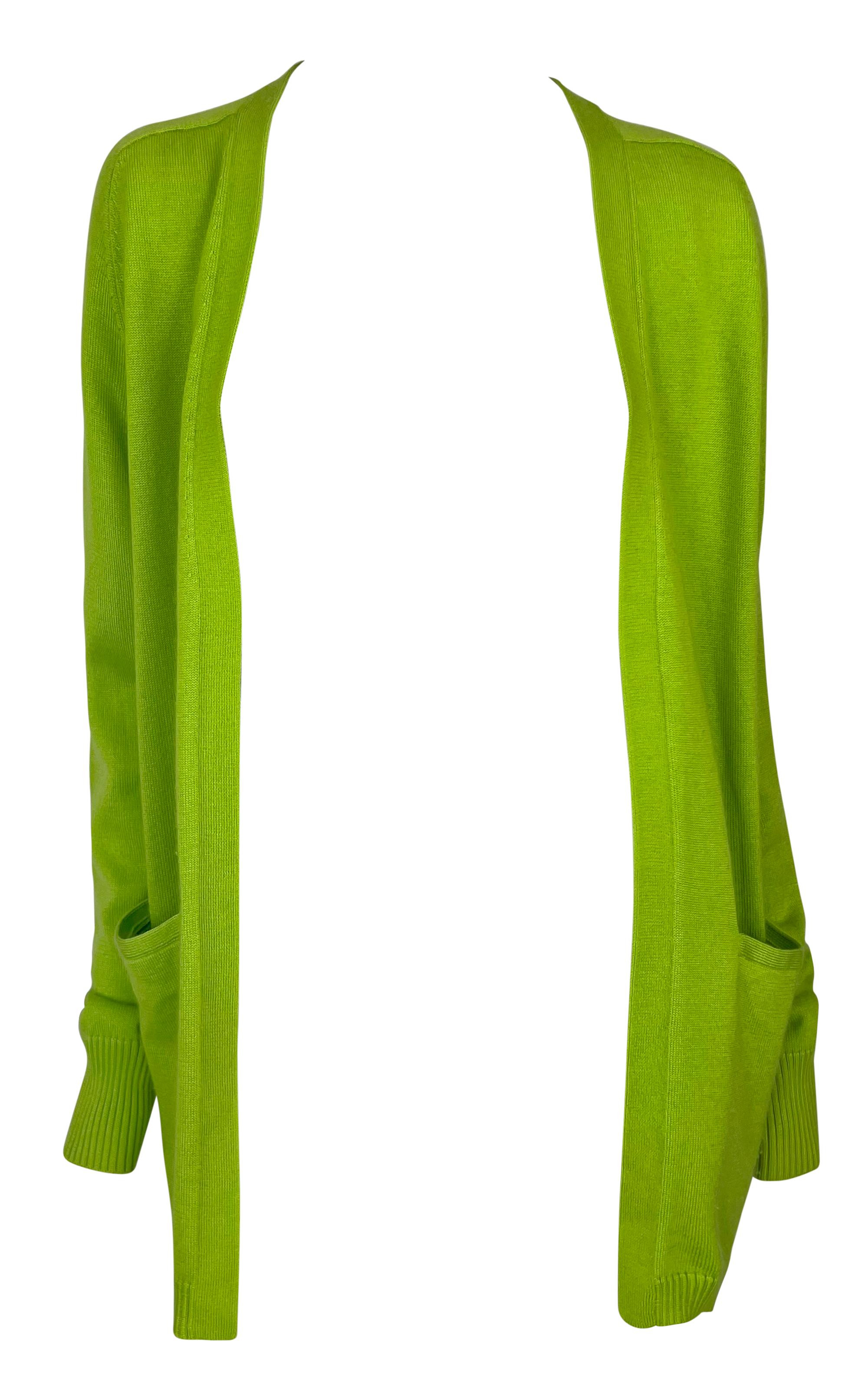 1990s Donna Karan Bright Lime Green Silk Cashmere Open Cardigan Sweater Top For Sale 3