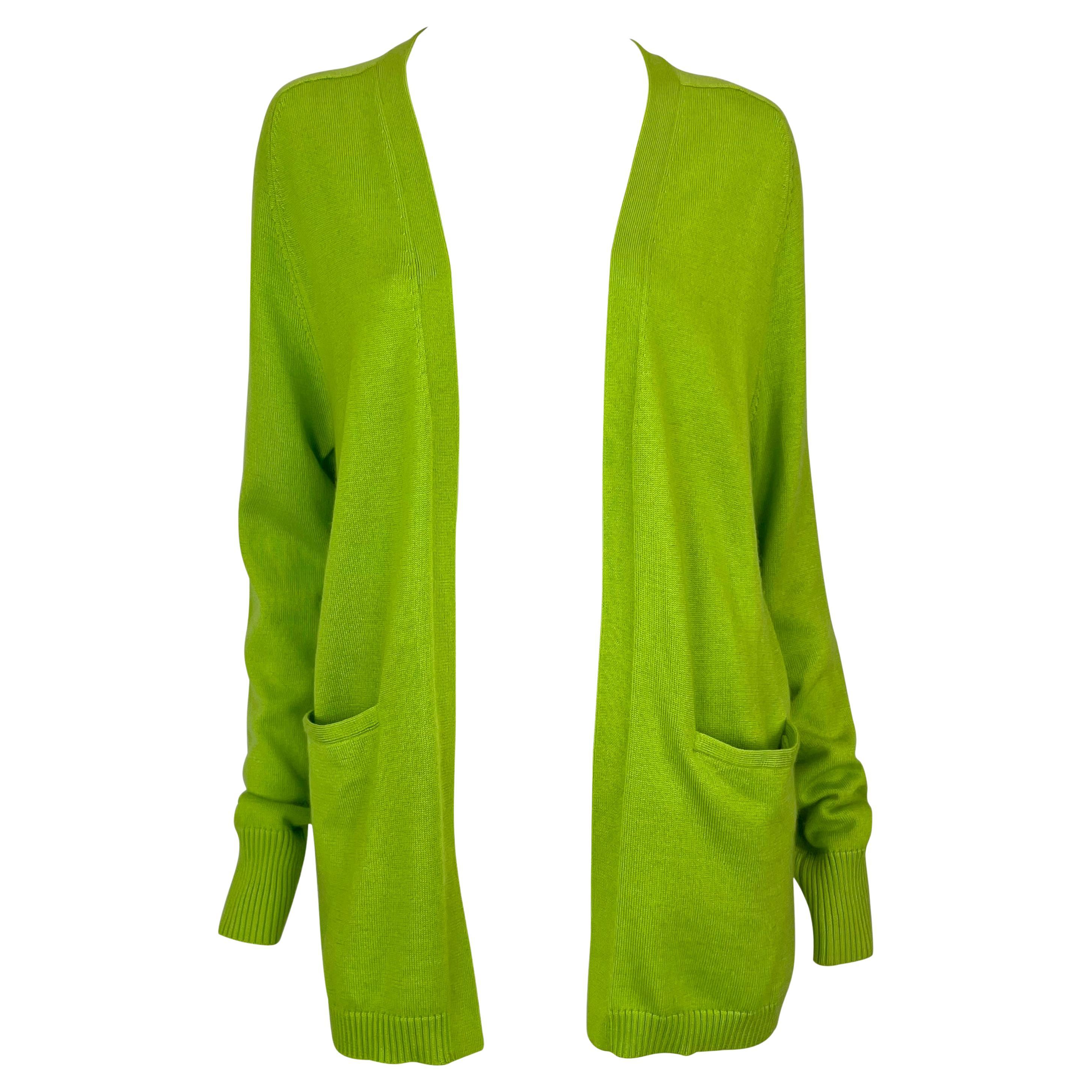 1990s Donna Karan Bright Lime Green Silk Cashmere Open Cardigan Sweater Top For Sale