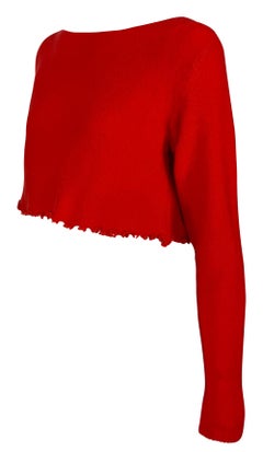 1990s Donna Karan Bright Red Ruffle Hem Cropped Sweater Top