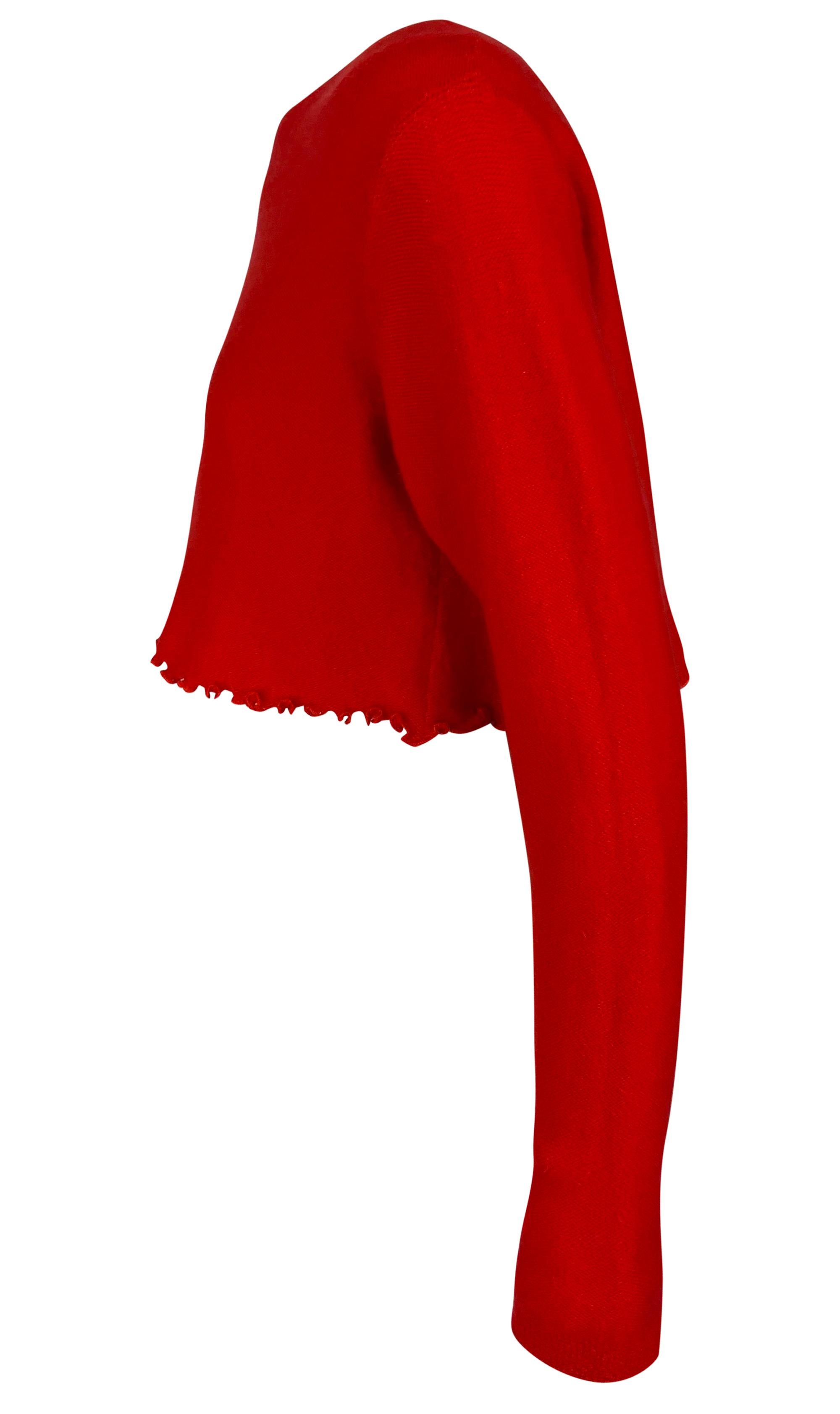 Rouge 1990 - Donna Karan - Pull court à ourlet volanté, rouge vif en vente