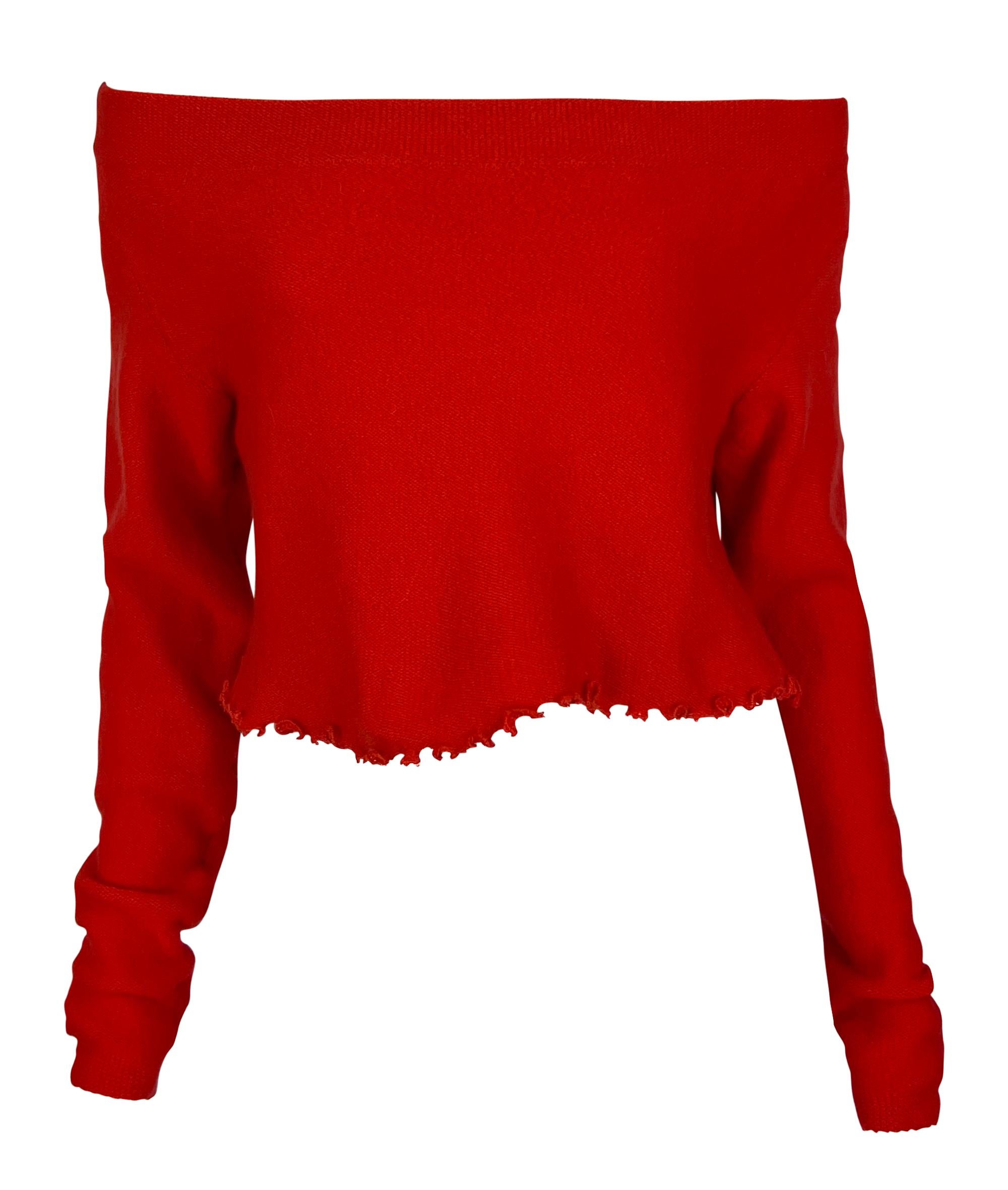 1990 - Donna Karan - Pull court à ourlet volanté, rouge vif en vente 1
