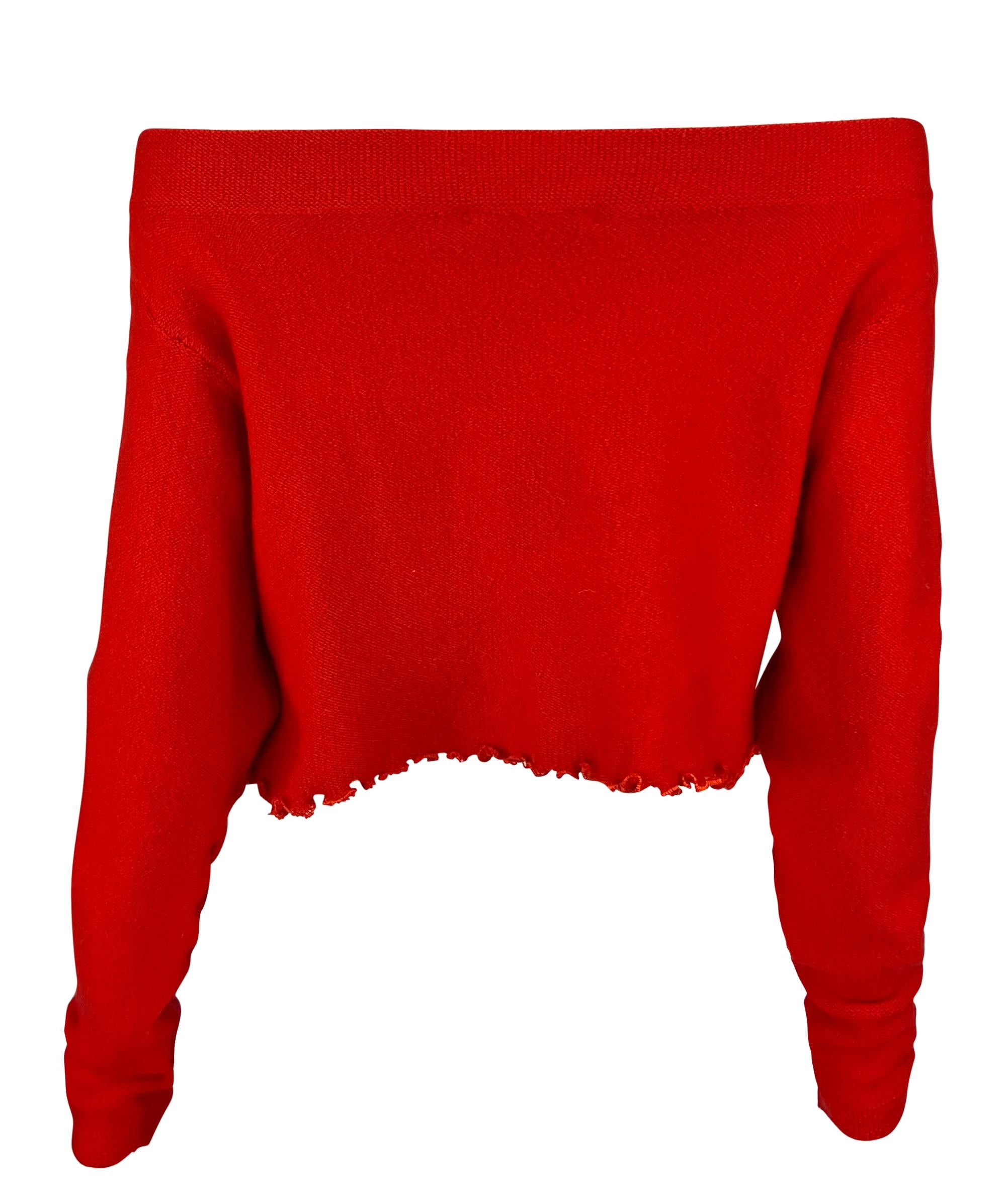 1990 - Donna Karan - Pull court à ourlet volanté, rouge vif en vente 2