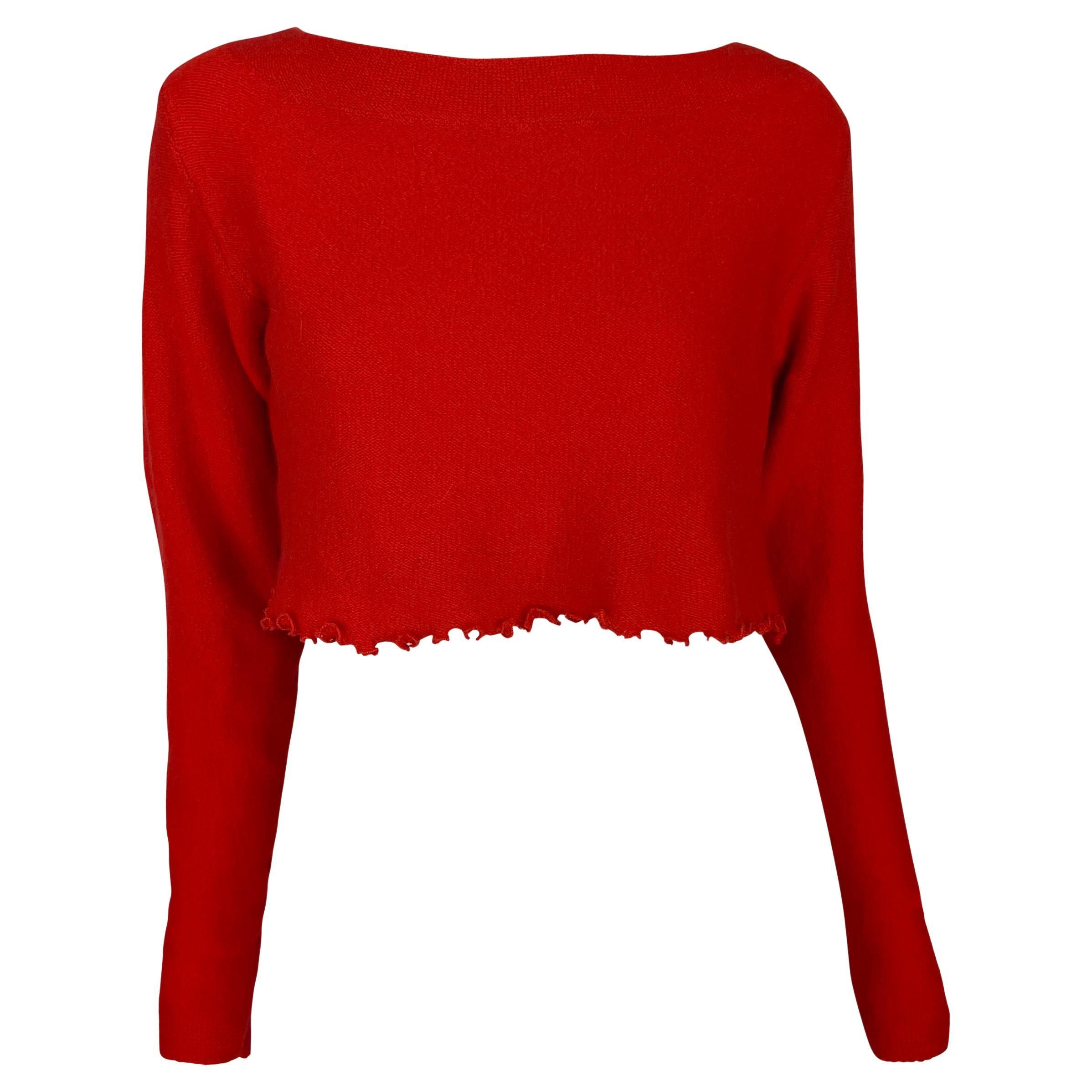 1990s Donna Karan Bright Red Ruffle Hem Cropped Sweater Top