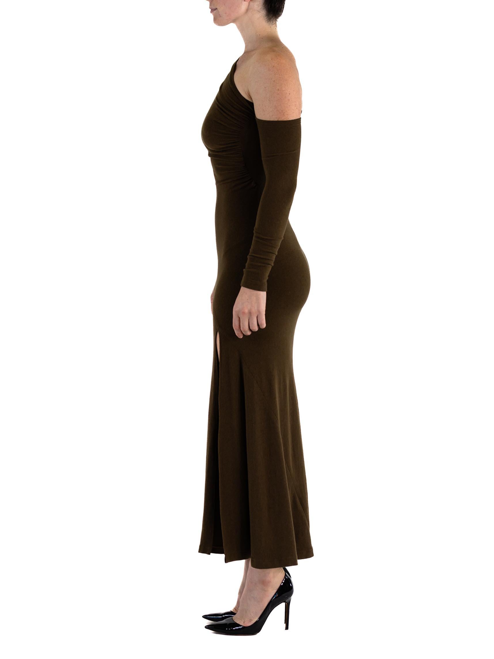 1990S DONNA KARAN Brown Rayon Blend Jersey Assymtetrical Neckline Ruched Gown With Slit