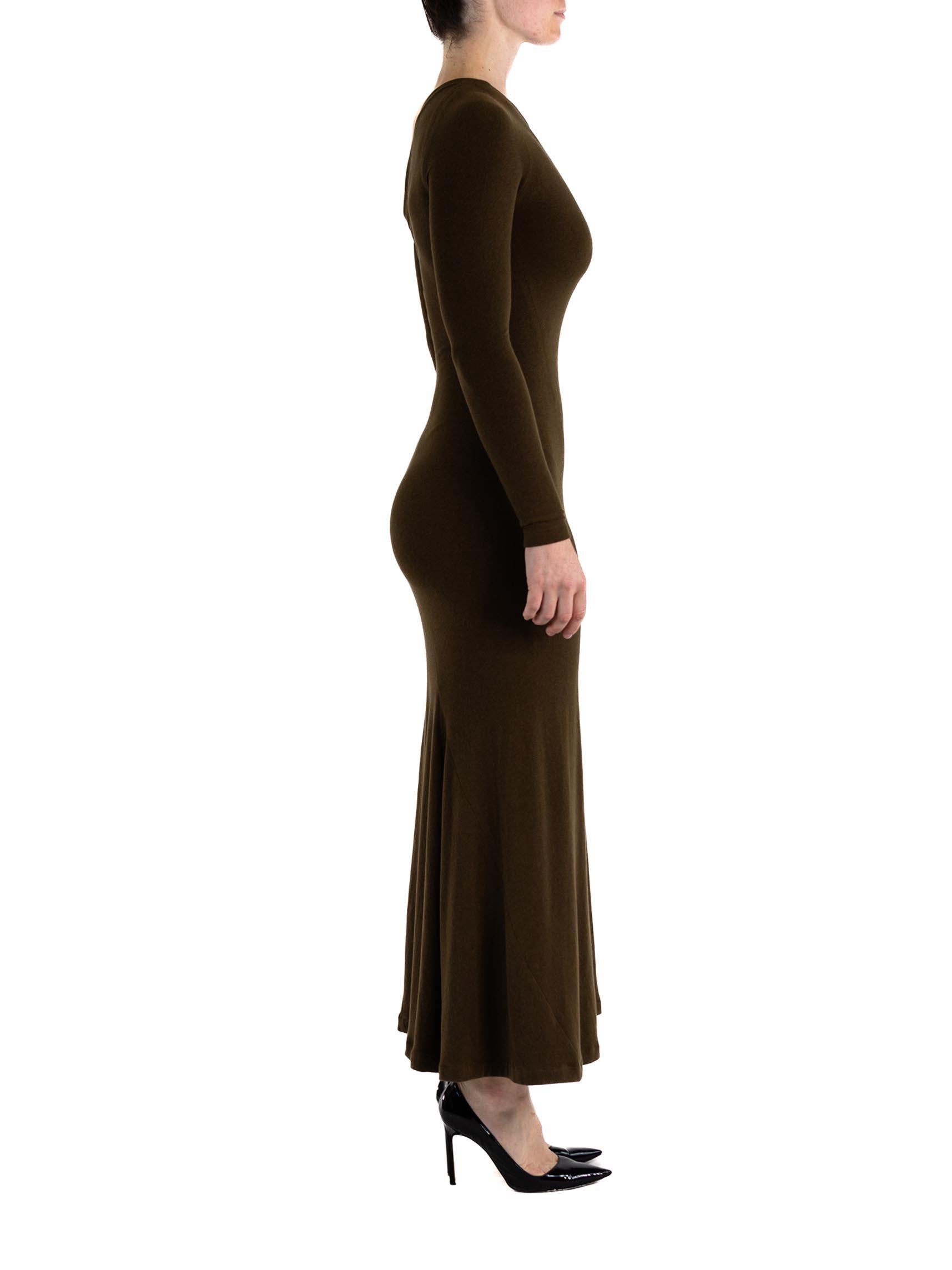 Women's 1990S DONNA KARAN Brown Rayon Blend Jersey Assymtetrical Neckline Ruched Gown W For Sale