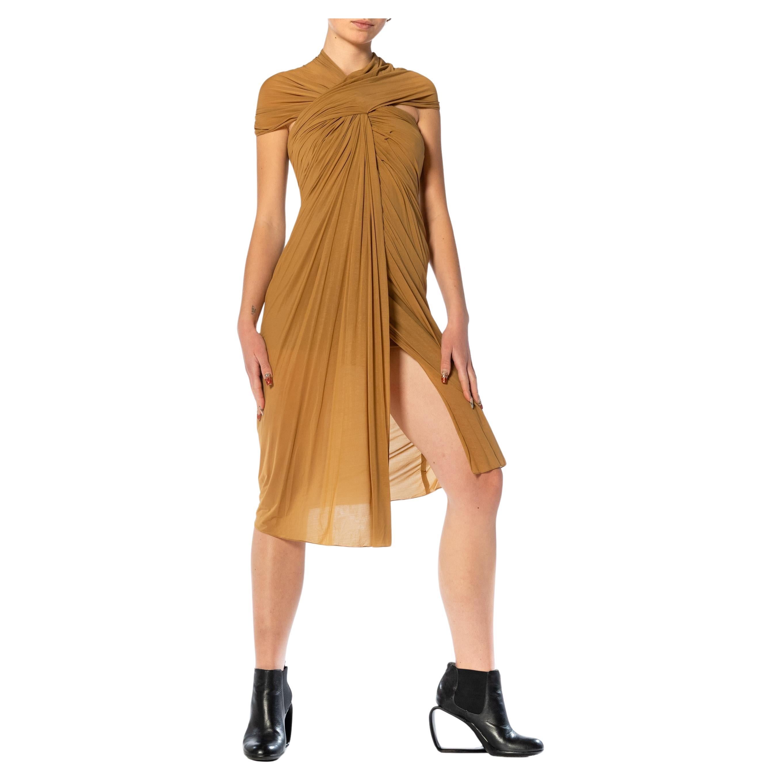 1990S DONNA KARAN Camel Cupro & Spandex Draped One Shoulder Cocktail Dress In Excellent Condition For Sale In New York, NY