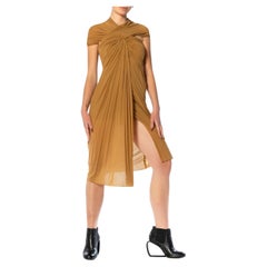 1990S DONNA KARAN Camel Cupro & Spandex Draped One Shoulder Cocktail Dress