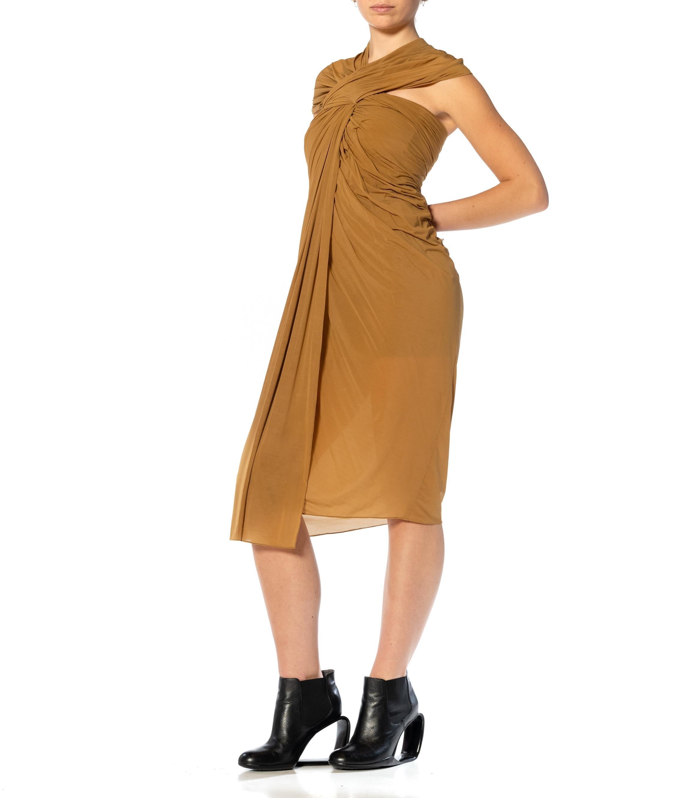1990S DONNA KARAN Camel Cupro & Spandex Draped One Shoulder Cocktail Dress For Sale 3