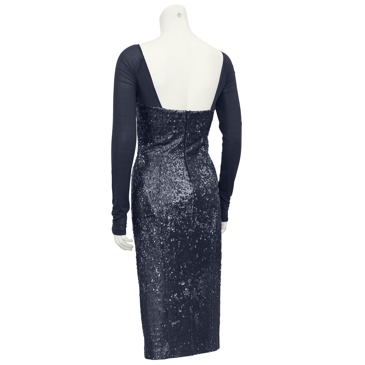 1990s Donna Karan Charcoal Grey Sheer and Sequin Cocktail Dress In Good Condition For Sale In Toronto, Ontario