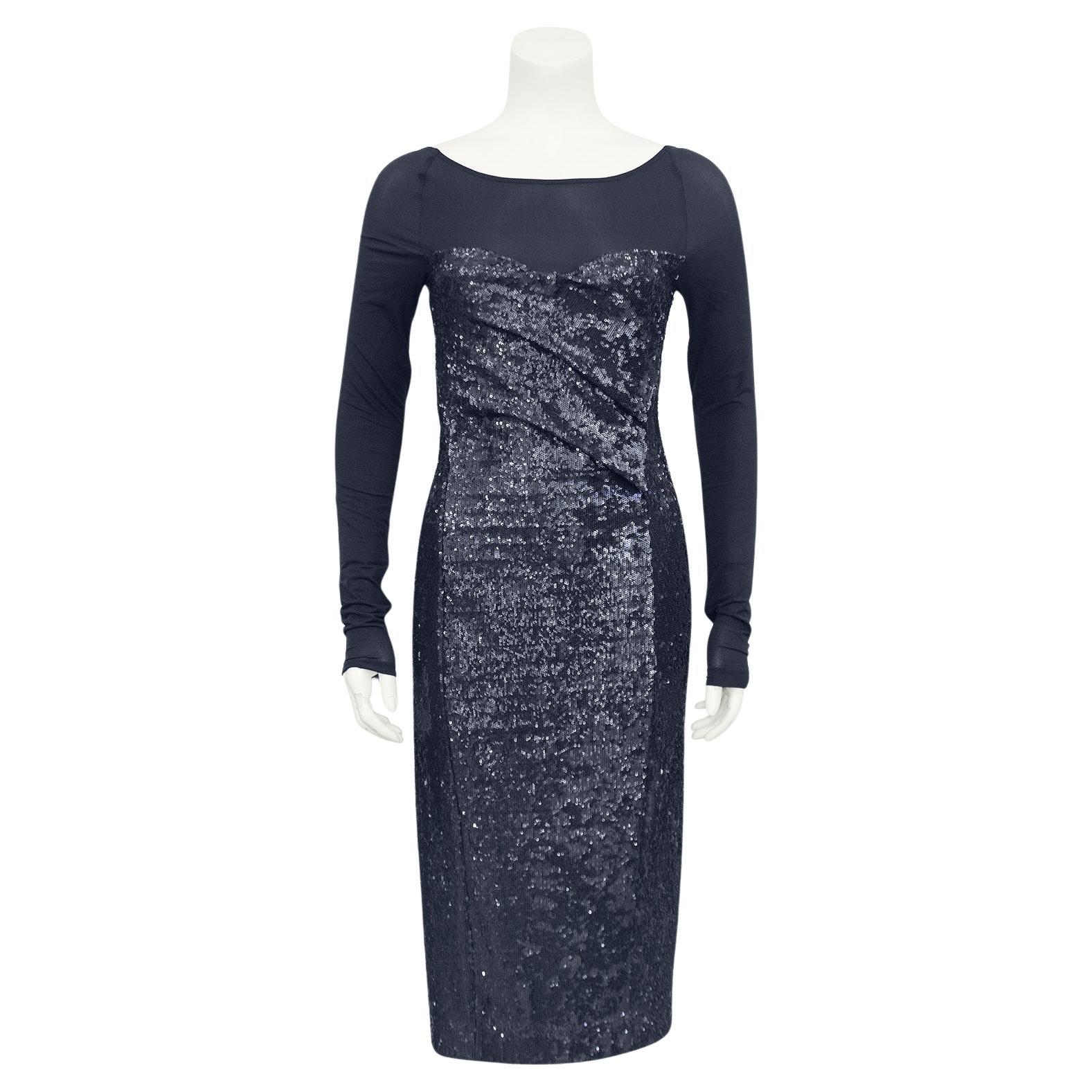 1990s Donna Karan Charcoal Grey Sheer and Sequin Cocktail Dress For Sale