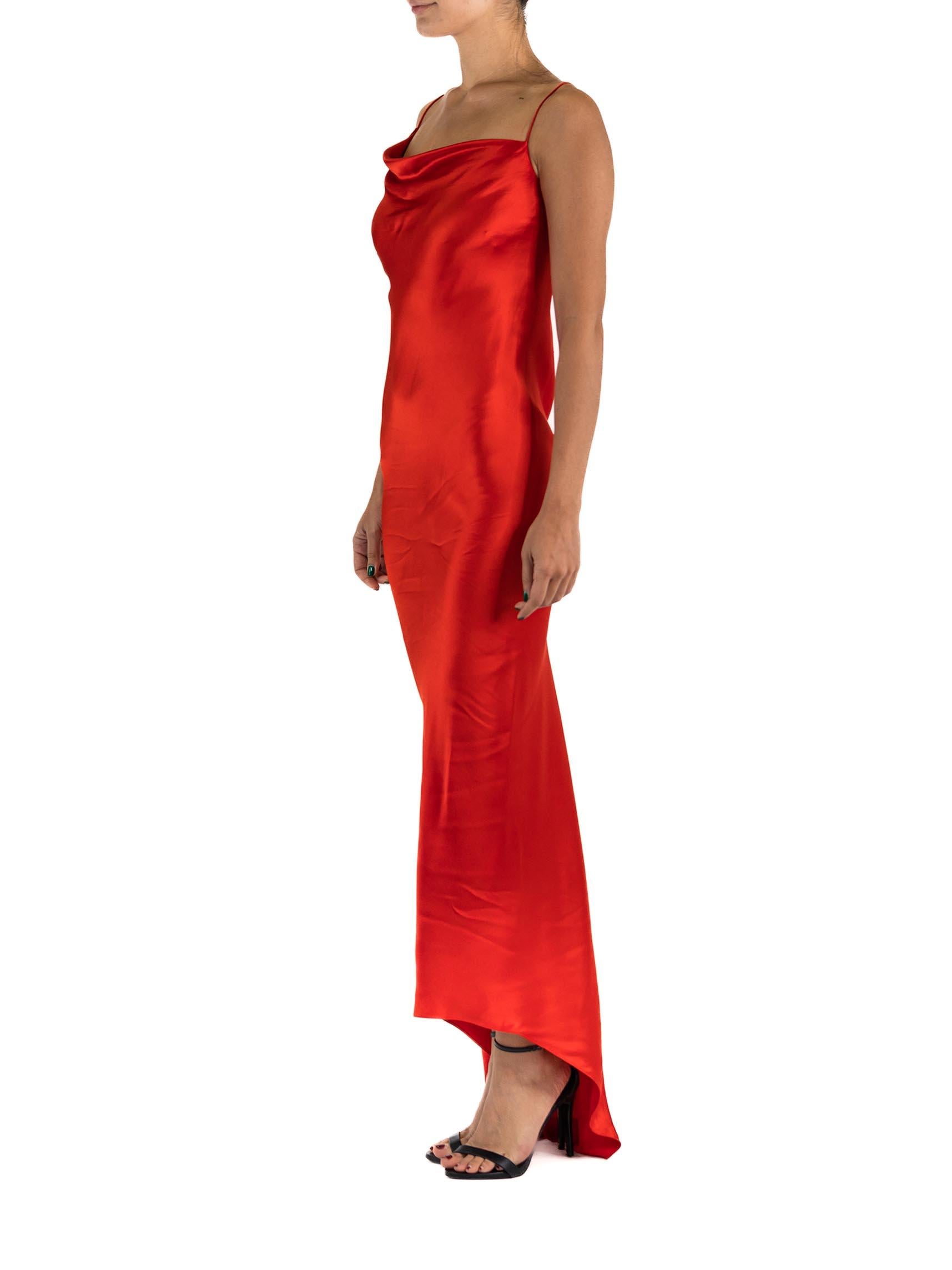 1990S DONNA KARAN Cherry Red Bias Cut Rayon Blend Satin Minimal Gown In Excellent Condition For Sale In New York, NY