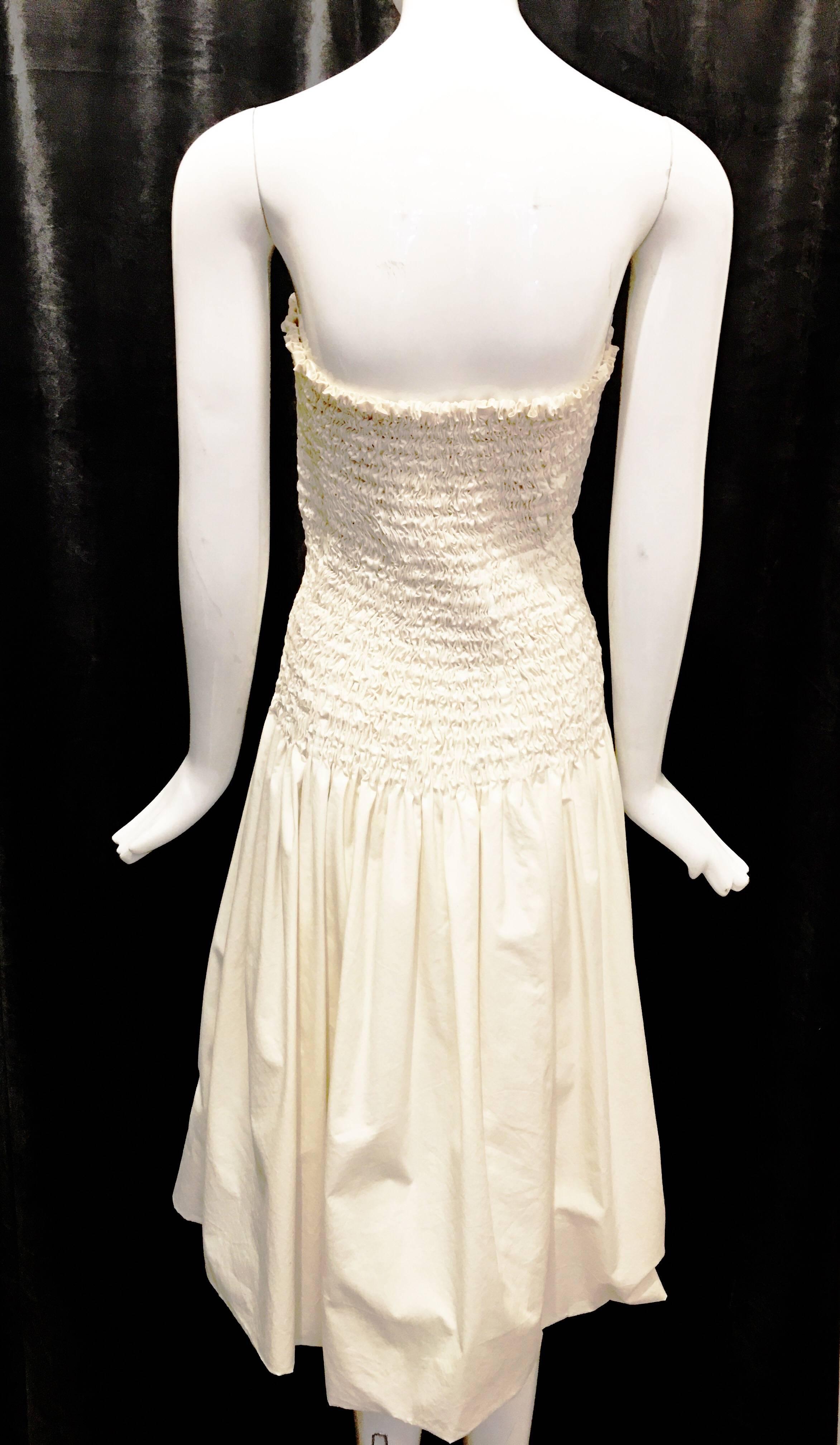 Beige Donna Karan Cotton Smocked Strapless Dress, 1990s  For Sale