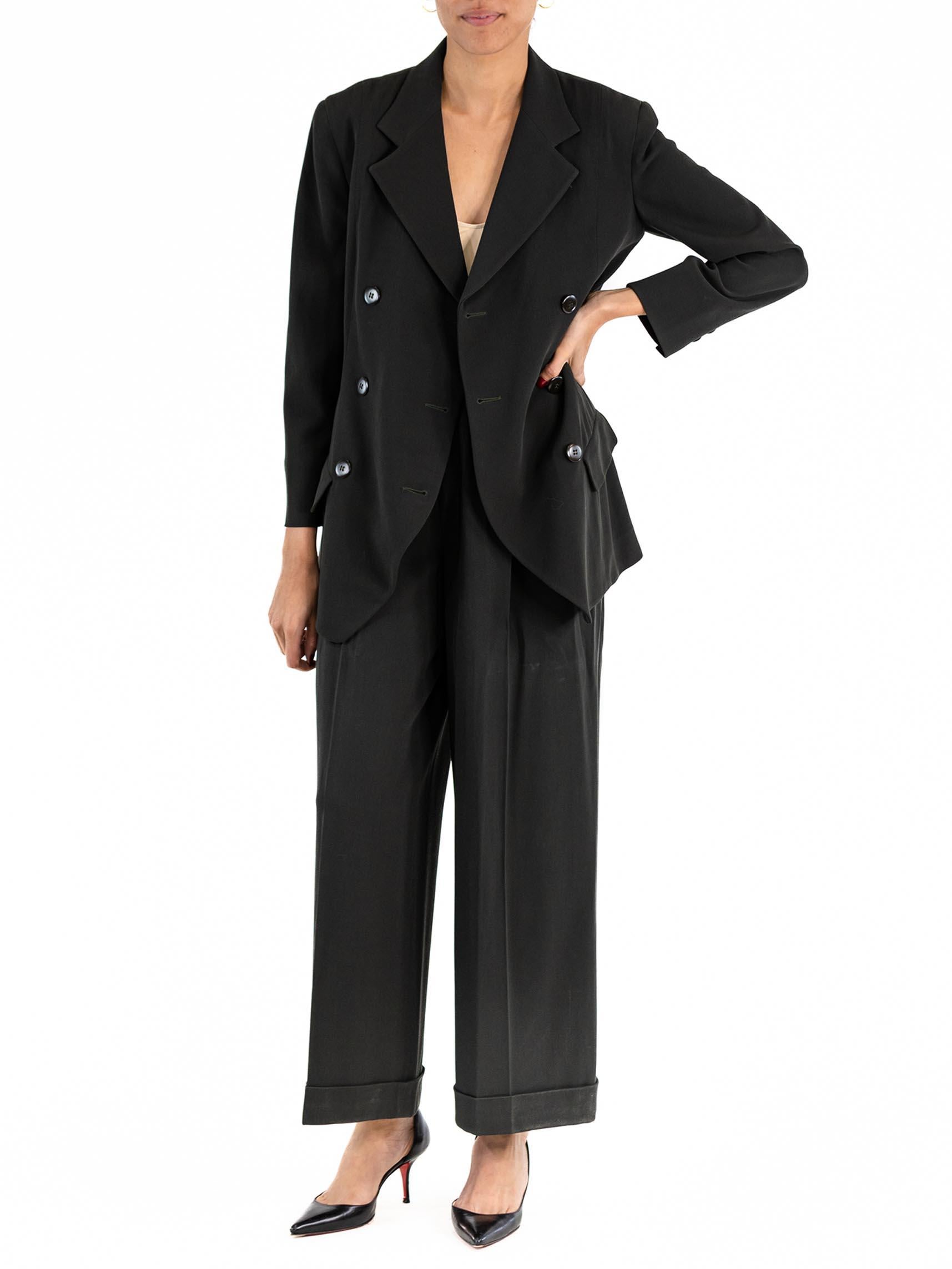 Black 1990S DONNA KARAN Dark Hunter Green Wool/Rayon 3 Piece Skirt & Pant Suit For Sale