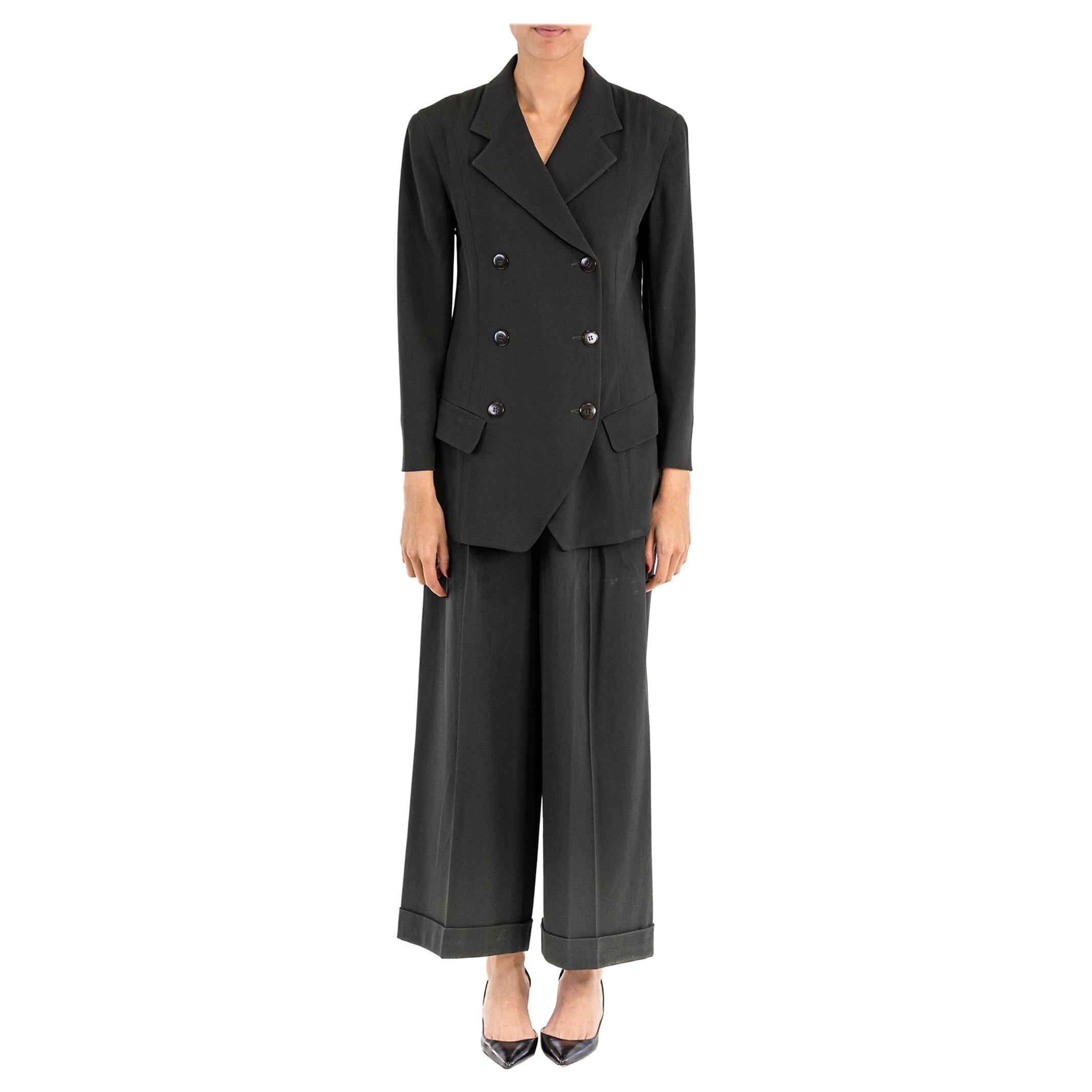 1990S DONNA KARAN Traje de falda y pantalón de 3 piezas en lana y rayón verde oscuro Hunter