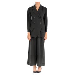 1990S DONNA KARAN Traje de falda y pantalón de 3 piezas en lana y rayón verde oscuro Hunter