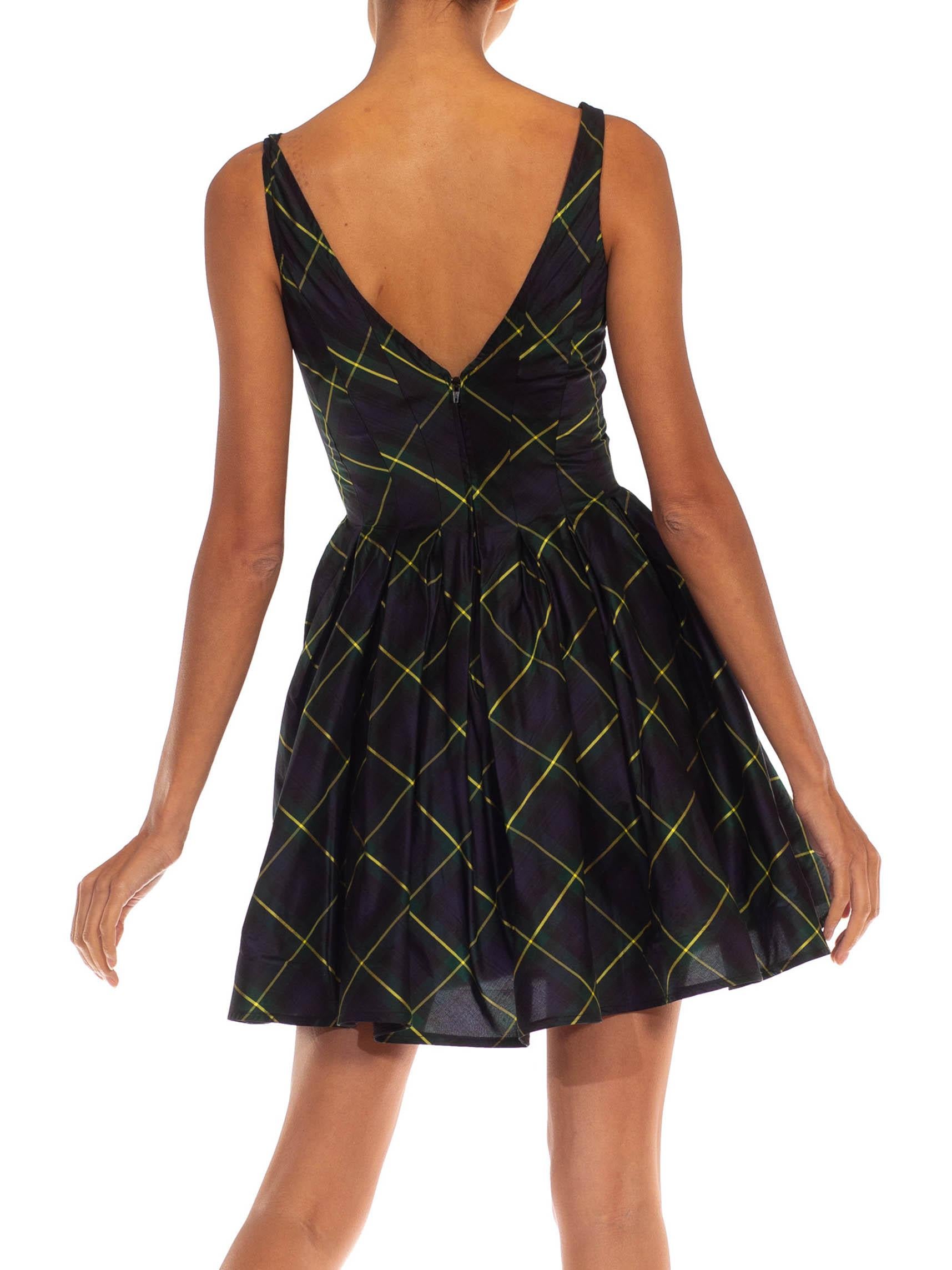 1990S DONNA KARAN DKNY Azul marino y verde Tafetán de seda entallado Corte al bies Preppy Dre 6