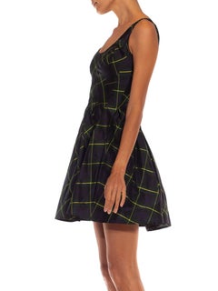 1990S DONNA KARAN DKNY Navy Blue & Green Silk Taffeta Fitted Bias Cut Preppy Dre