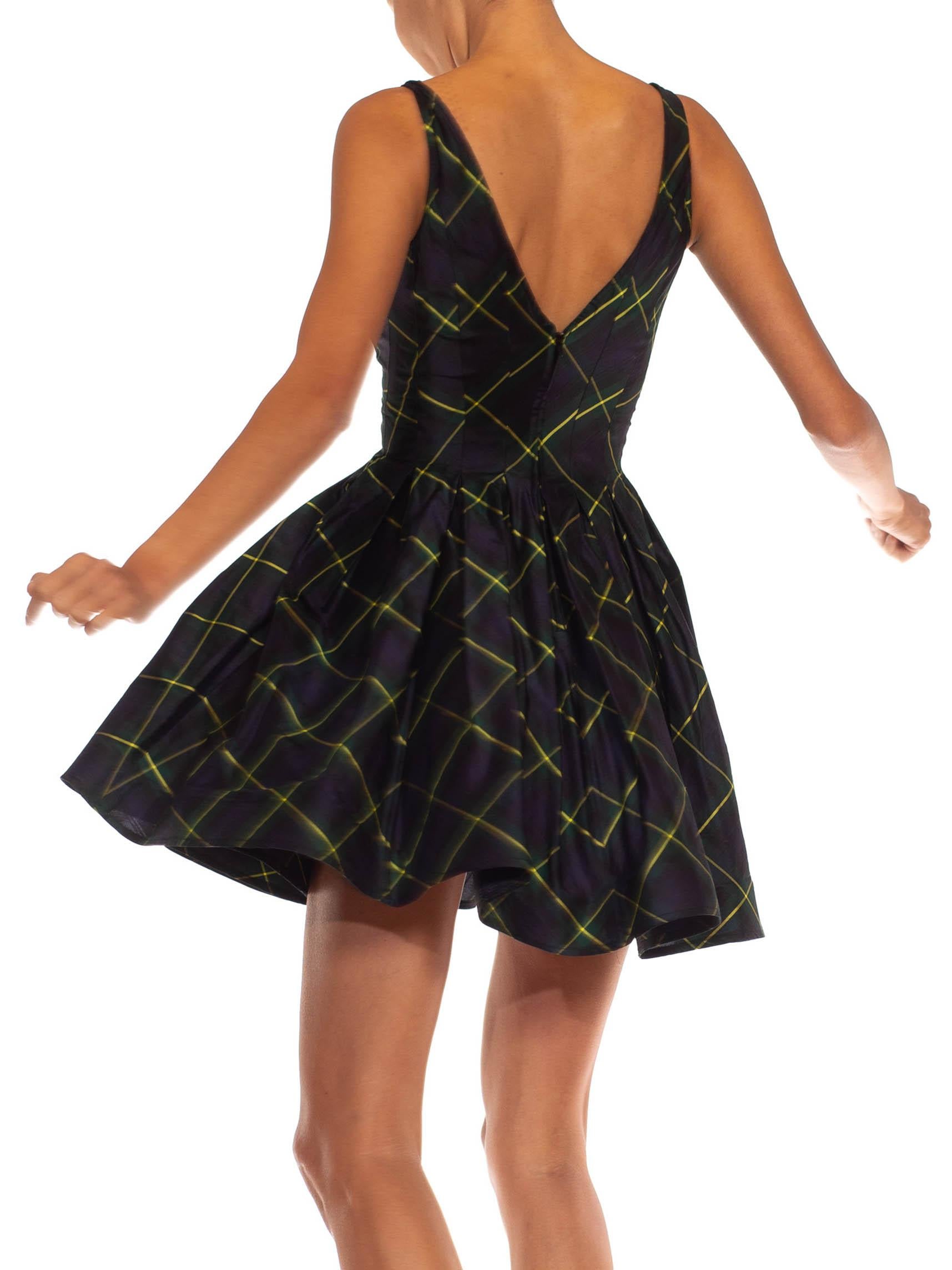 1990S DONNA KARAN DKNY Azul marino y verde Tafetán de seda entallado Corte al bies Preppy Dre 5