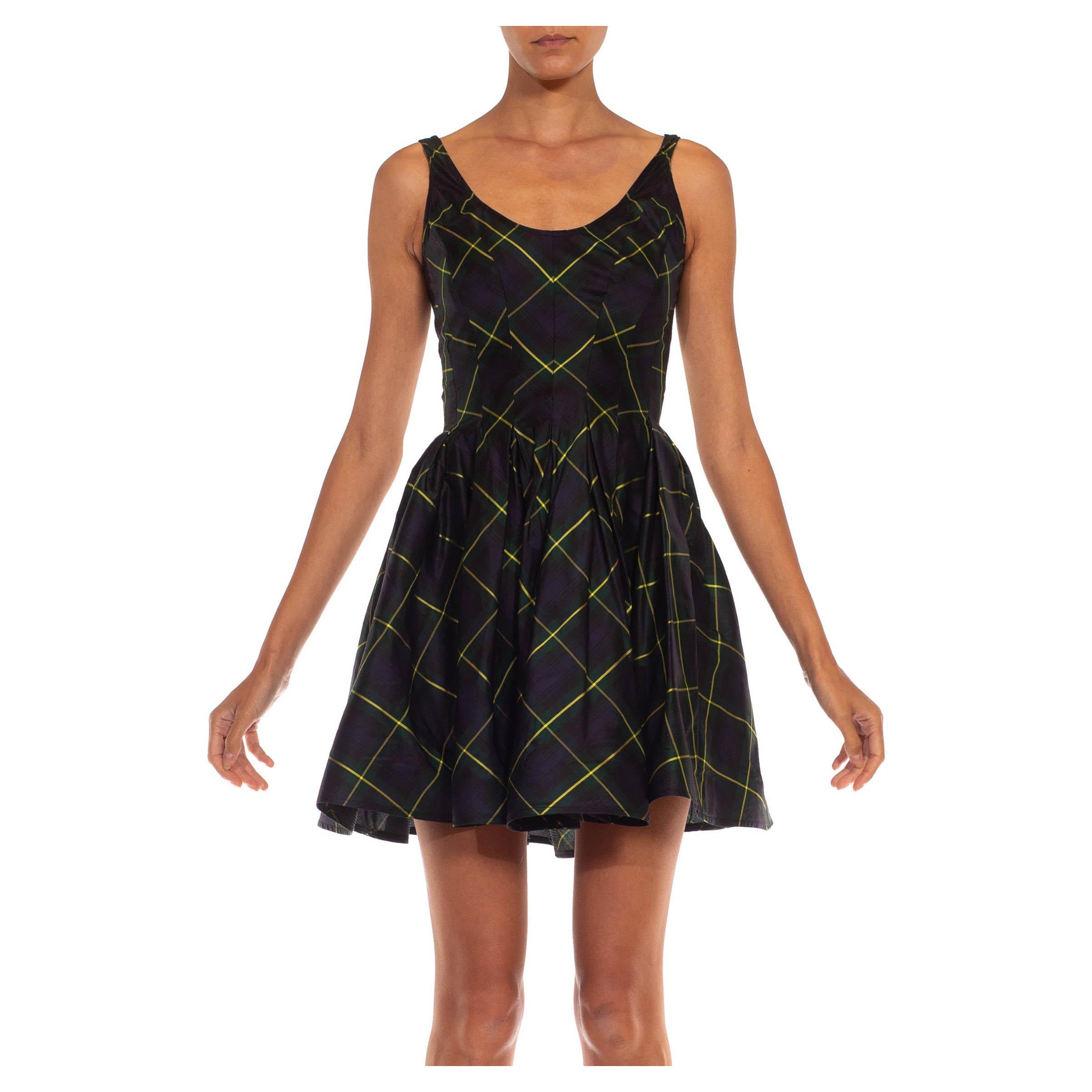 1990S DONNA KARAN DKNY Azul marino y verde Tafetán de seda entallado Corte al bies Preppy Dre