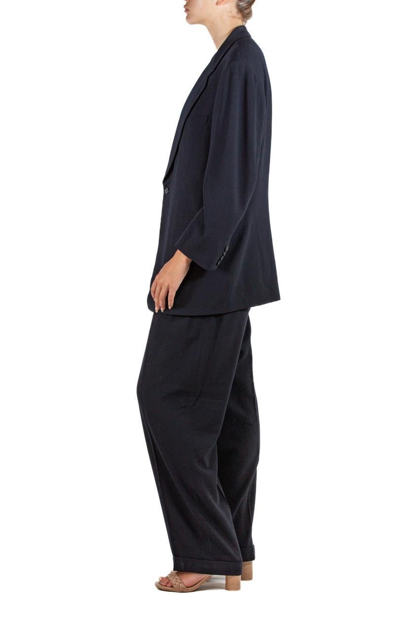 Black 1990S Donna Karan Navy Blue Wool Blend Crepe Bespoke Pant Suit For Sale