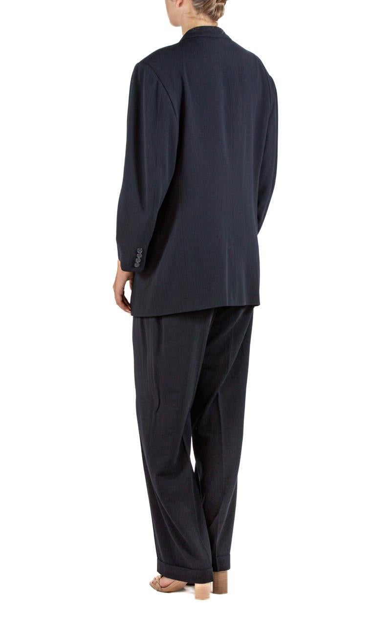 Women's or Men's 1990S Donna Karan Navy Blue Wool Blend Crepe Bespoke Pant Suit For Sale