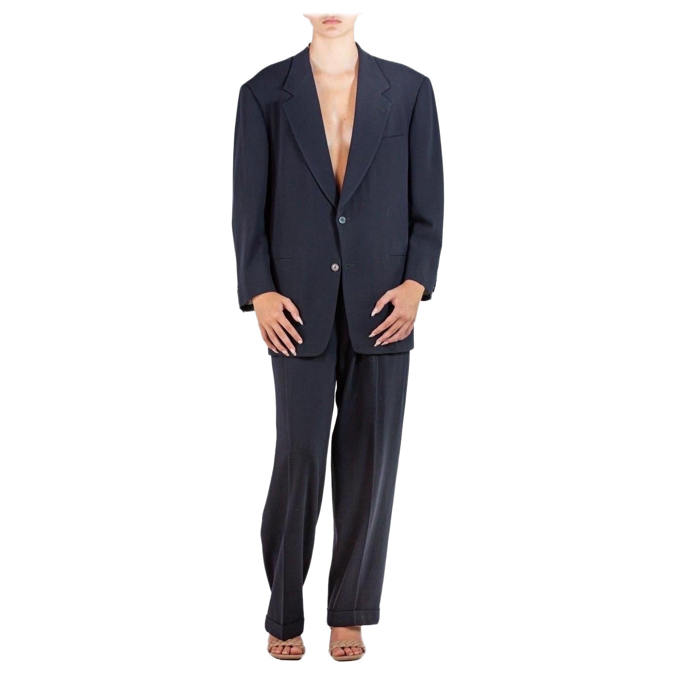 1990S Donna Karan Traje de pantalón a medida en crepé de mezcla de lana azul marino en venta