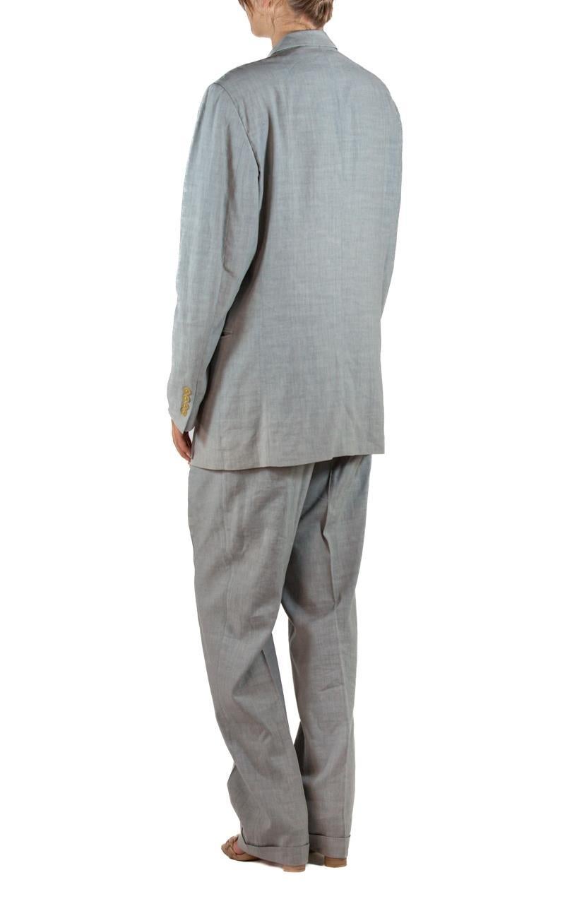 Women's or Men's 1990S Donna Karan Oyster Grey Linen & Rayon Pant Suit For Sale