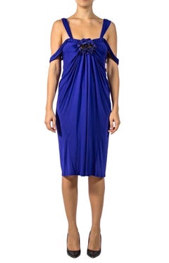 1990S Donna Karan Purple Rayon Draped Dress With Braided Neckline And Flower