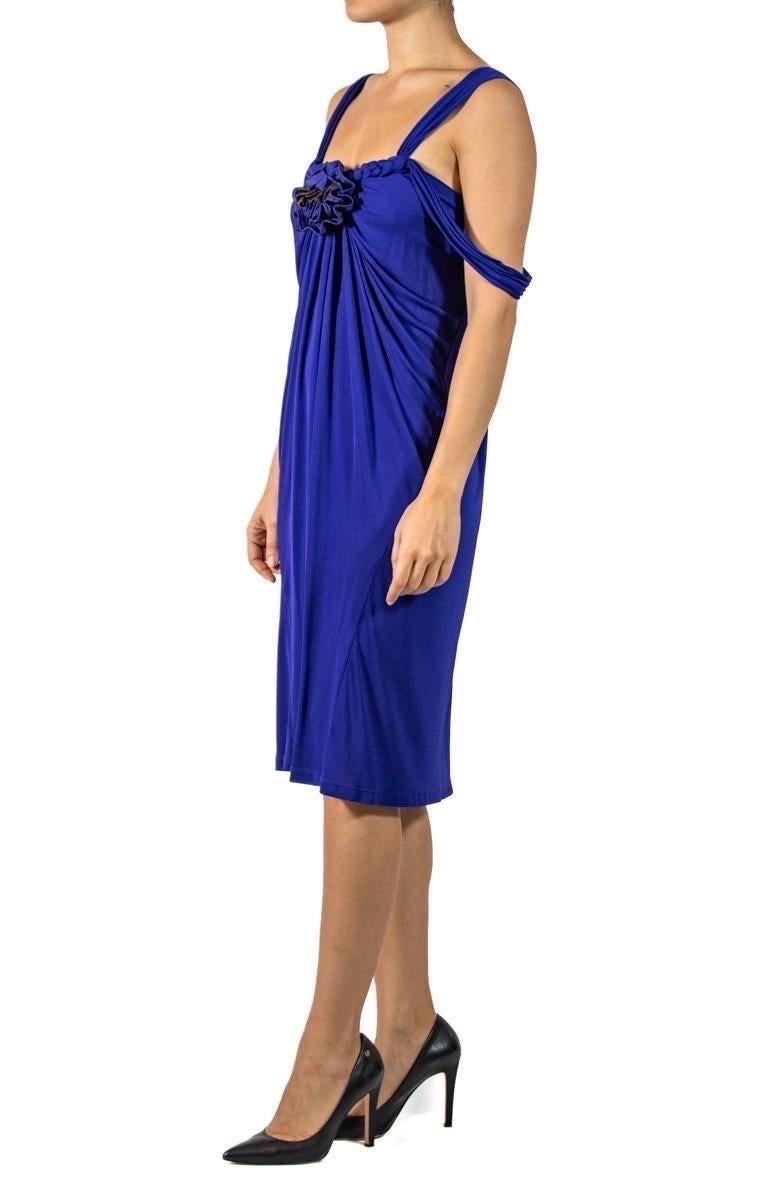 Women's 1990S Donna Karan Purple Rayon Draped Dress With Braided Neckline And Flower For Sale