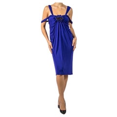 Donna Karan 1990S Vestito drappeggiato in rayon viola con scollatura a trecce e fiori