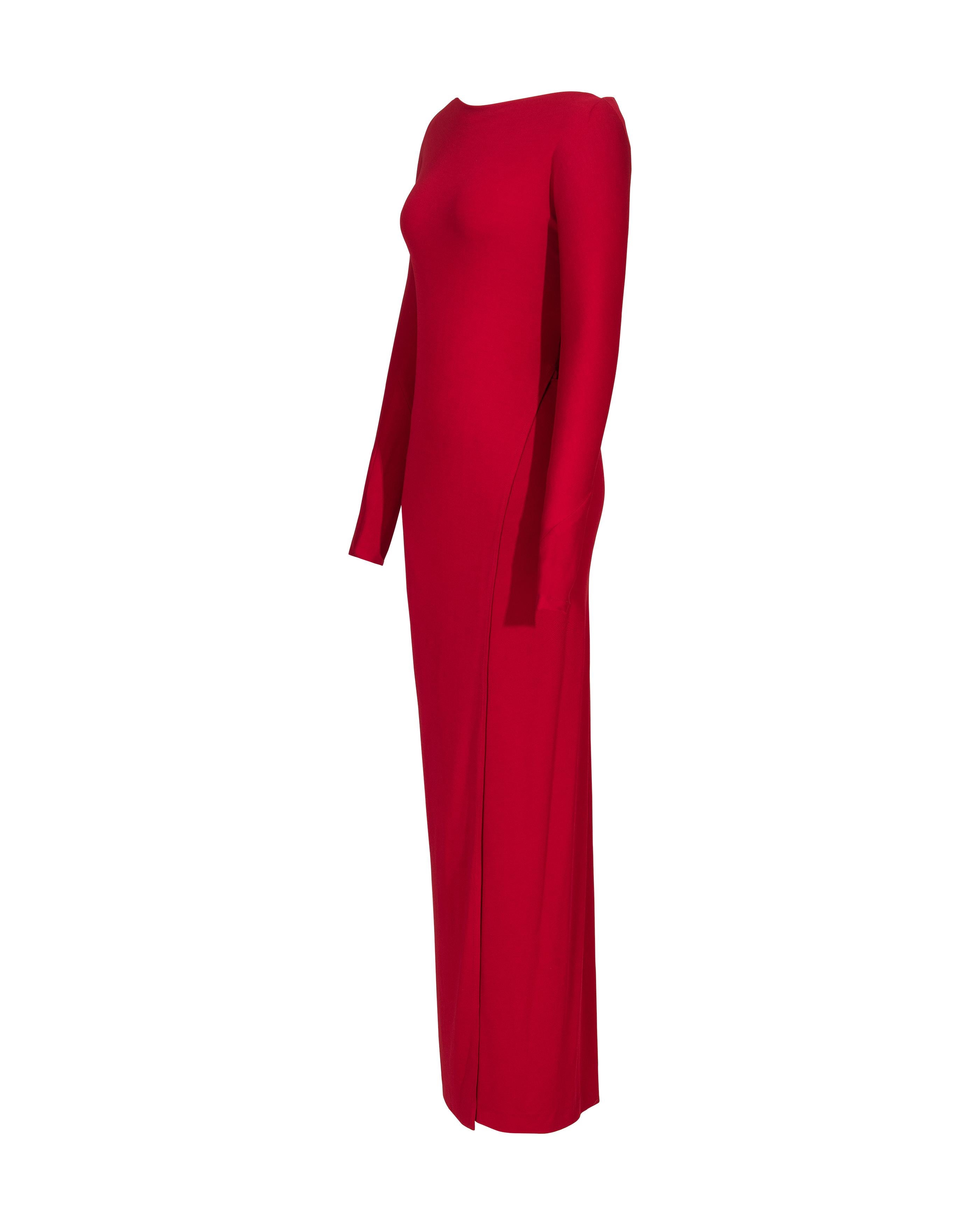 1990's Donna Karan Red Long Sleeve Jersey Asymmetrical Gown In Excellent Condition In North Hollywood, CA