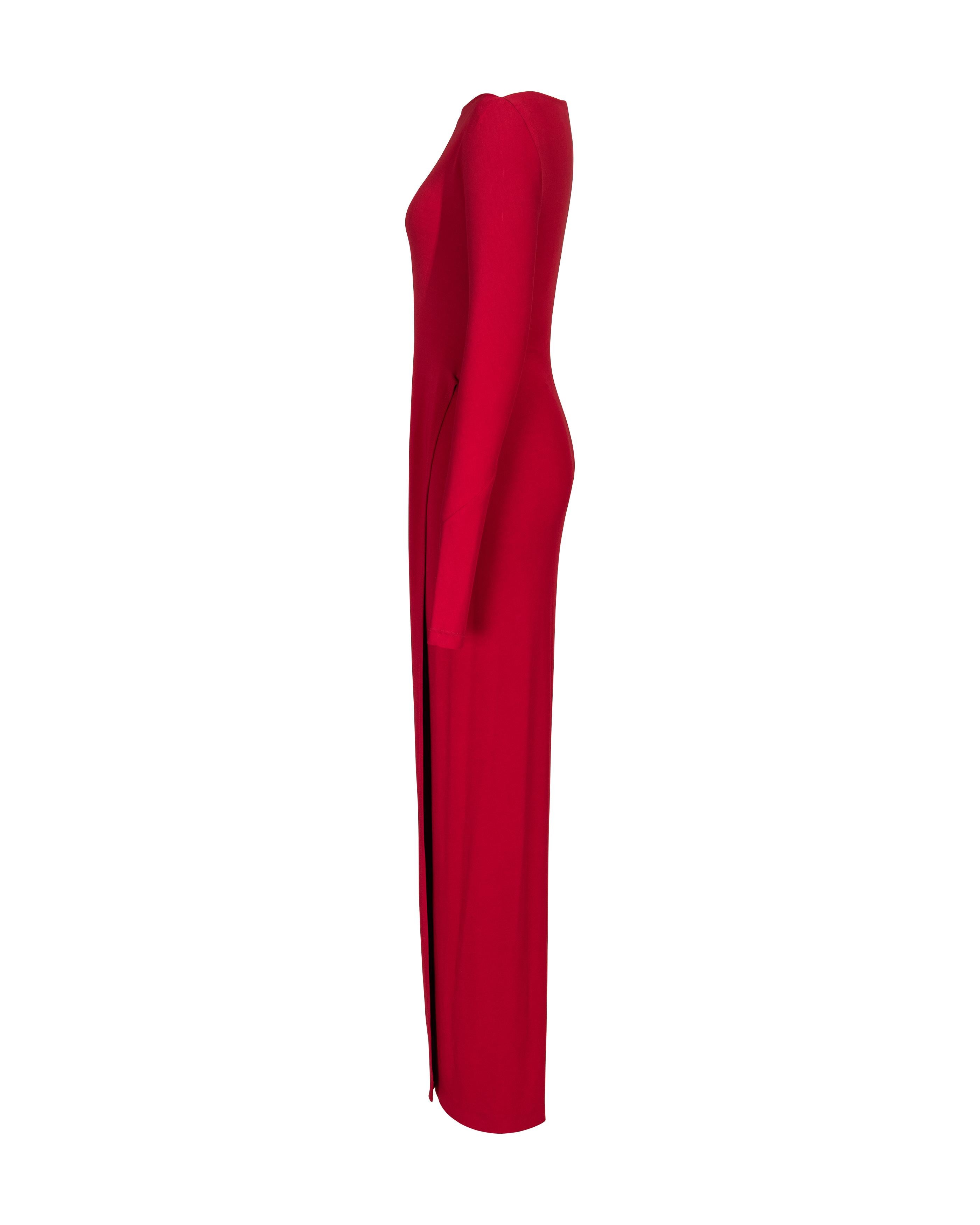 Women's 1990's Donna Karan Red Long Sleeve Jersey Asymmetrical Gown
