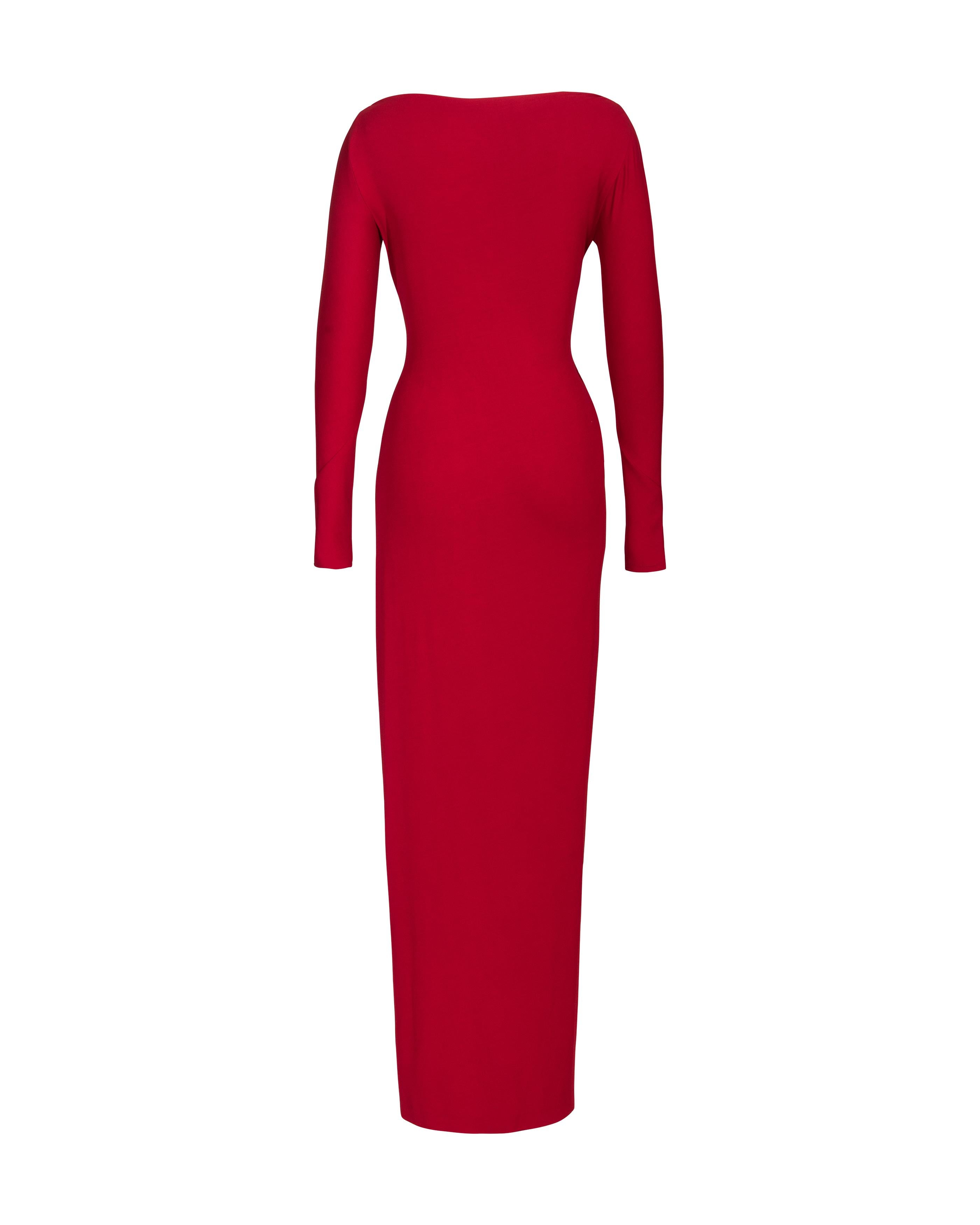 1990's Donna Karan Red Long Sleeve Jersey Asymmetrical Gown 1