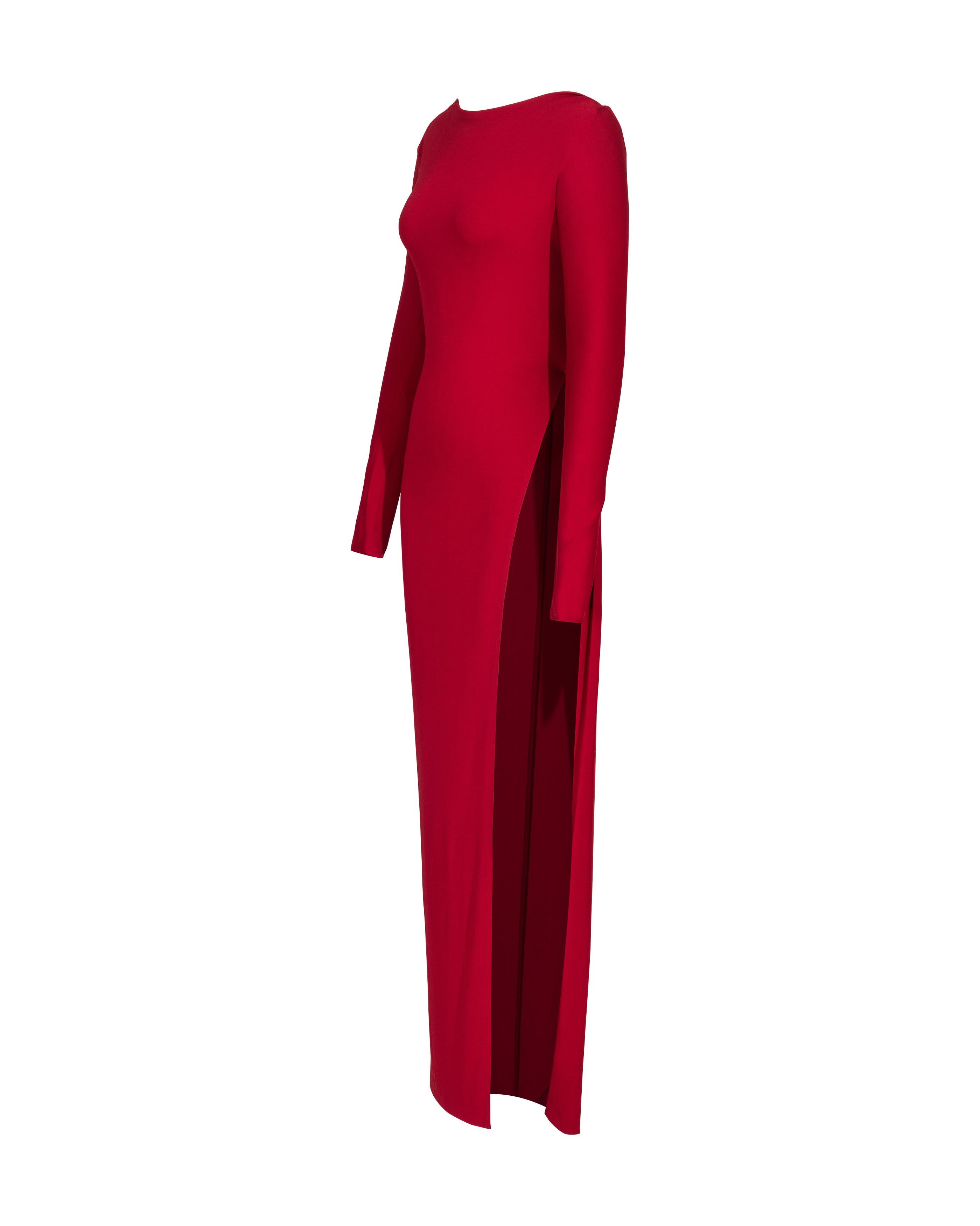 1990's Donna Karan Red Long Sleeve Jersey Asymmetrical Gown 2