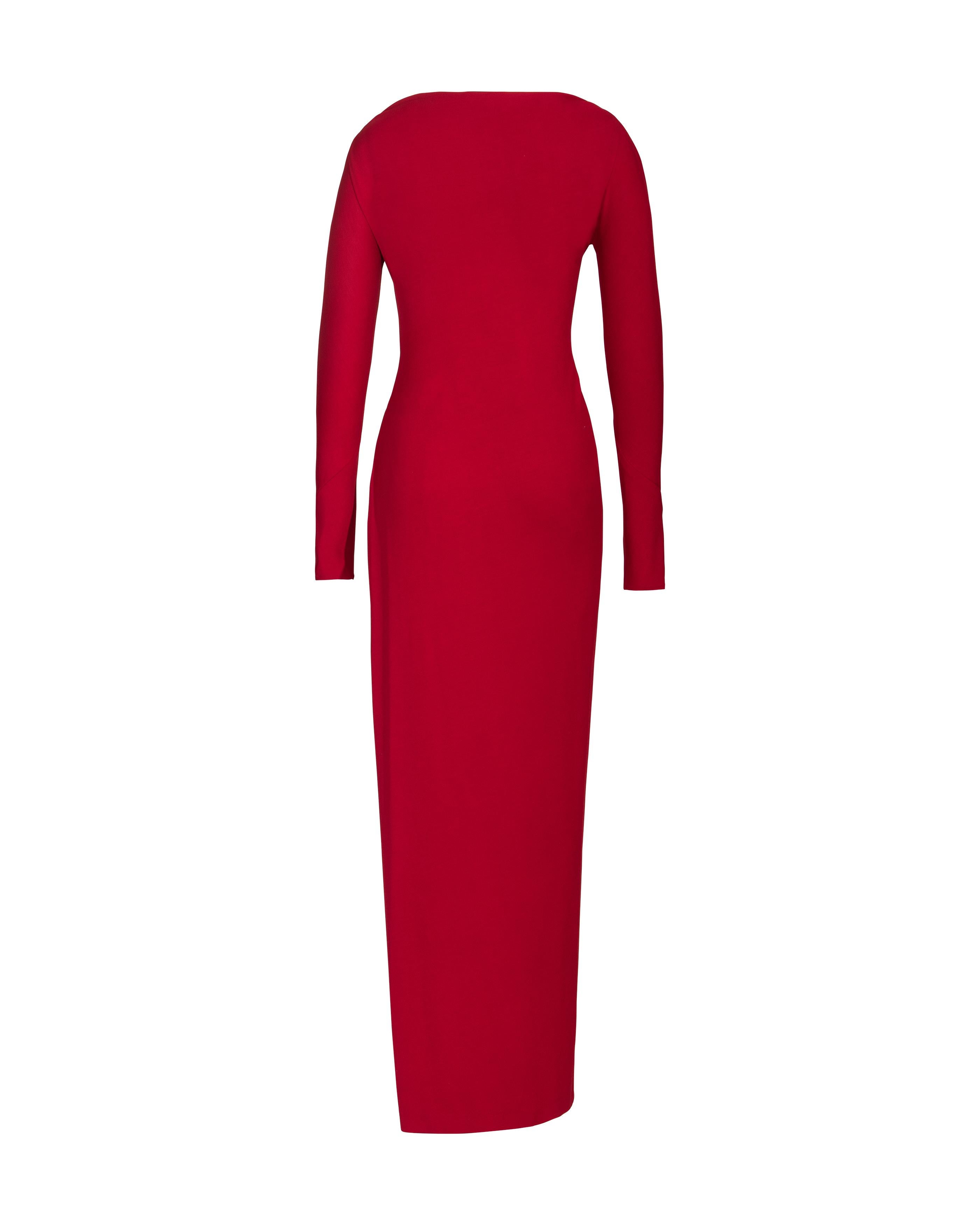 1990's Donna Karan Red Long Sleeve Jersey Asymmetrical Gown 4