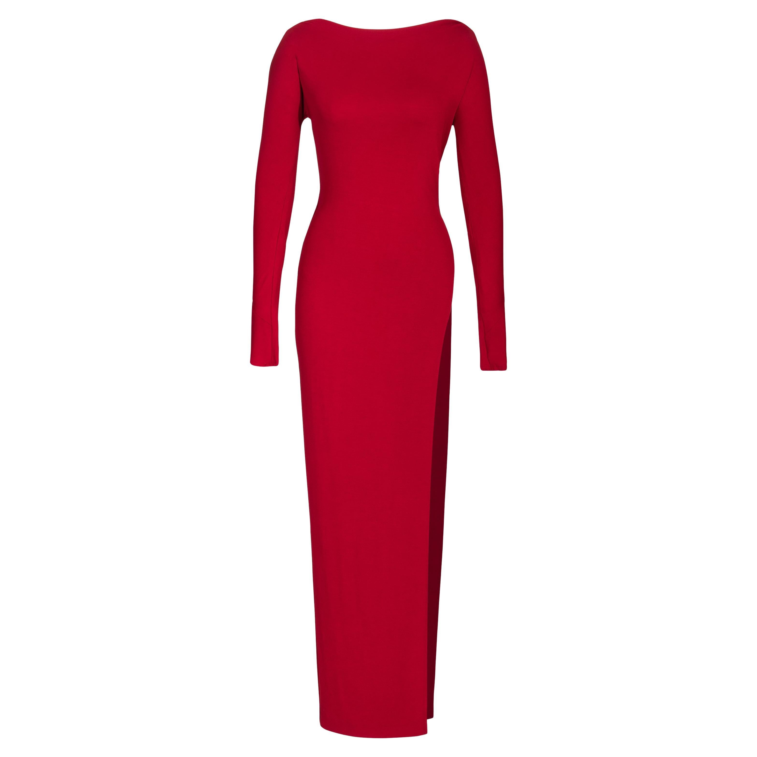 1990's Donna Karan Red Long Sleeve Jersey Asymmetrical Gown