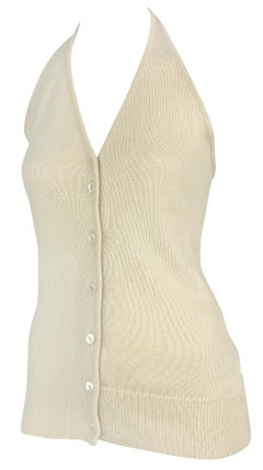 1990s Donna Karan Semi-Sheer Button Up Off-White Halter Neck Stretch Knit Top