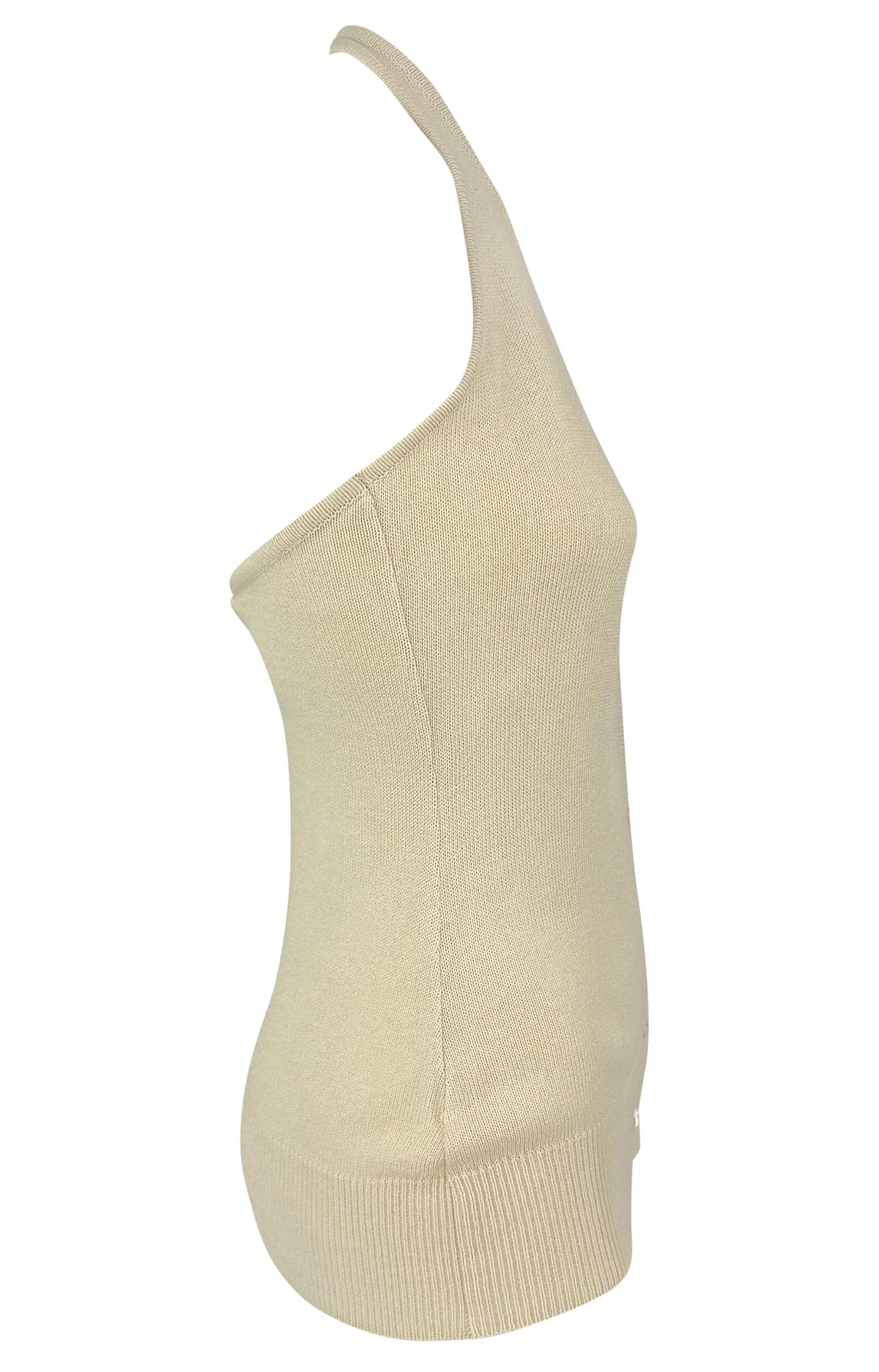 Women's 1990s Donna Karan Semi-Sheer Button Up Off-White Halter Neck Stretch Knit Top